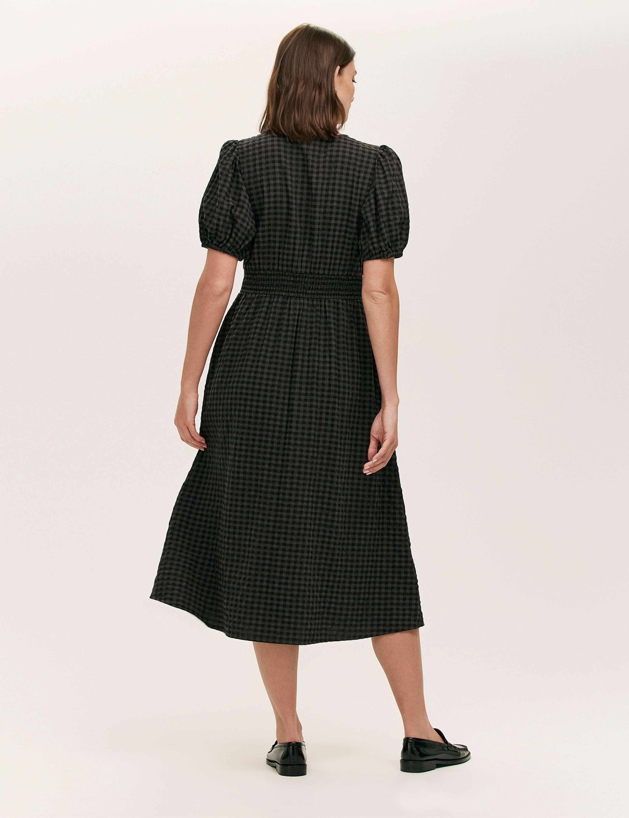 Cotton Blend Gingham V-Neck Midi Tea Dress 3 of 4