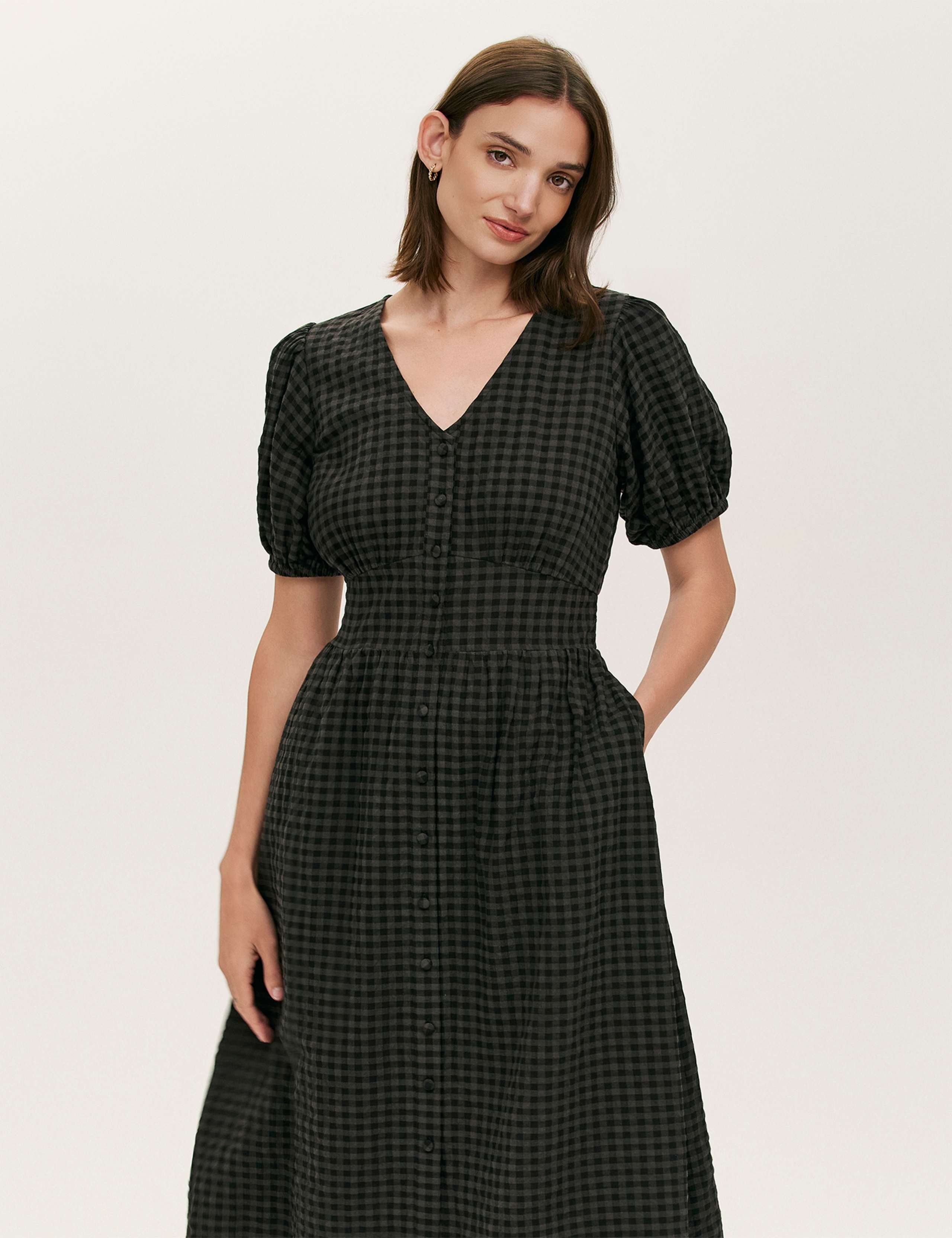 Cotton Blend Gingham V-Neck Midi Tea Dress 4 of 4