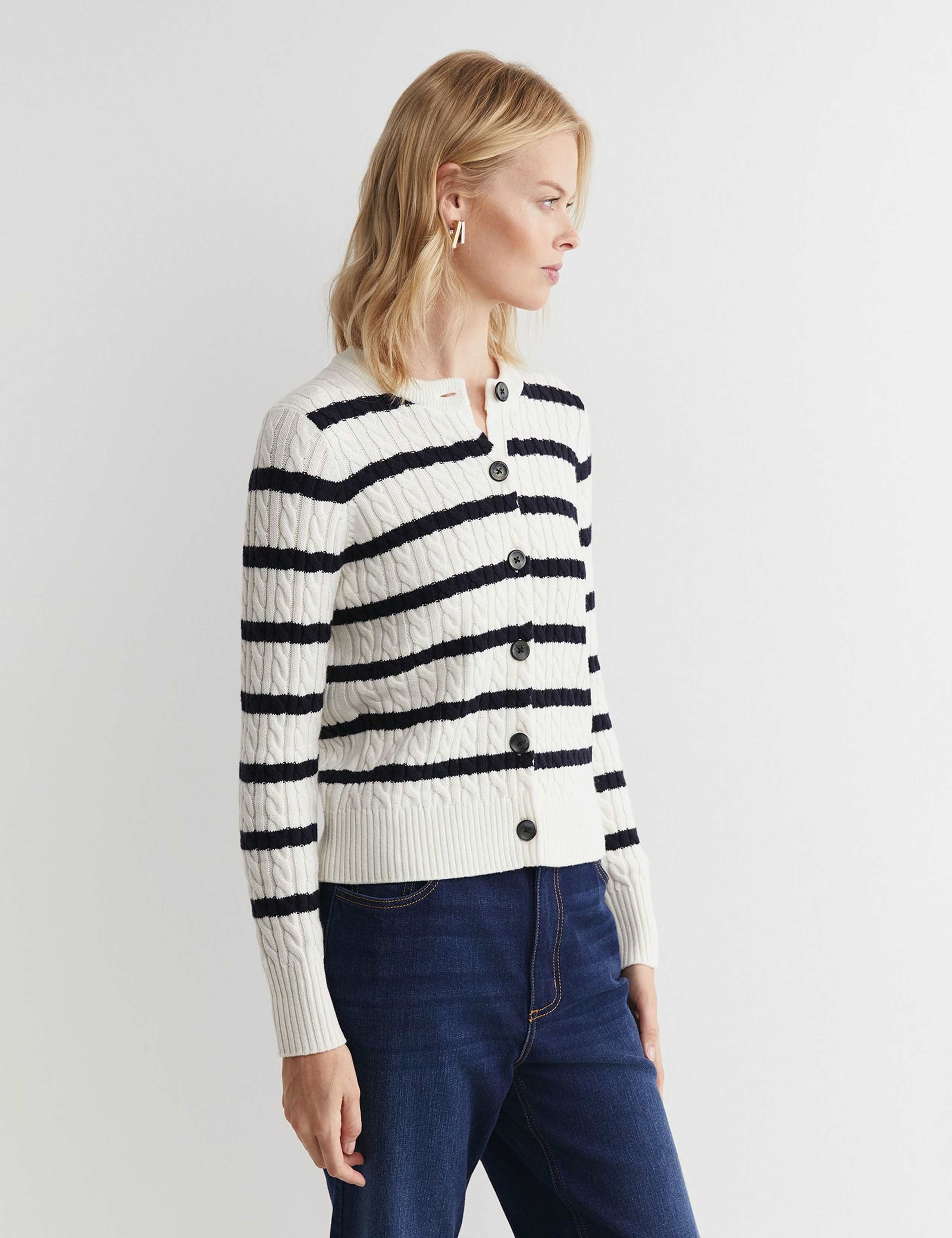 Merino Wool Blend Cable Knit Striped Cardigan 3 of 4