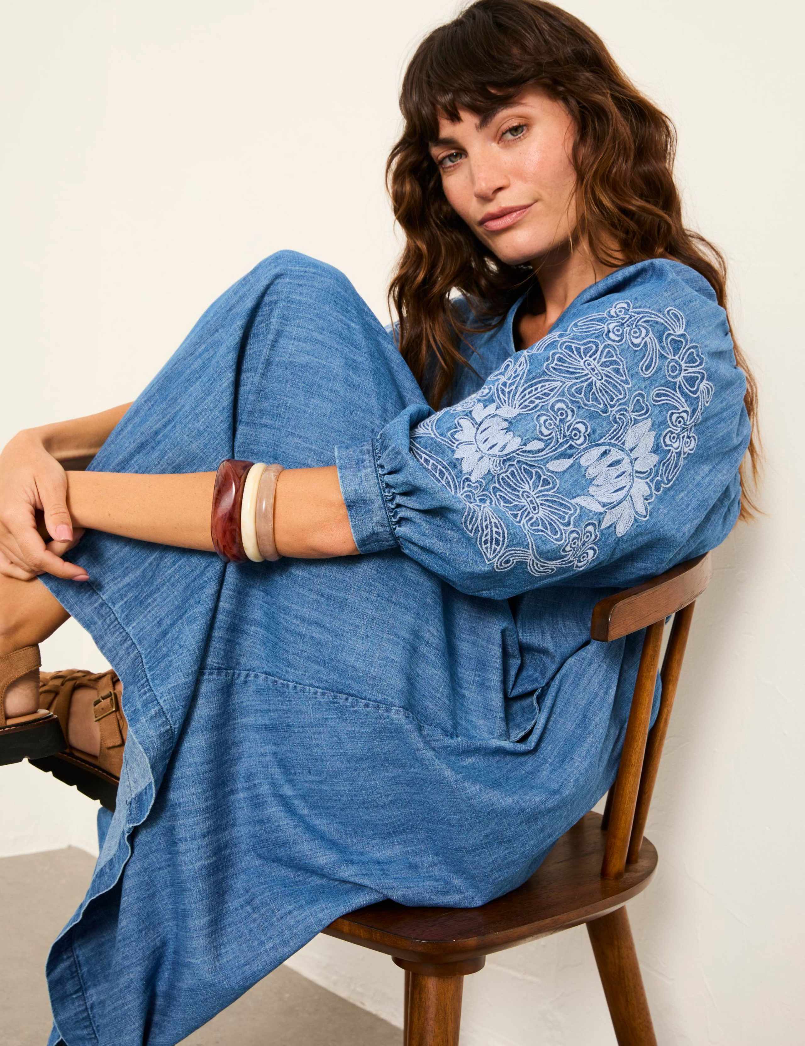 Denim Embroidered Midi Waisted Dress 5 of 6