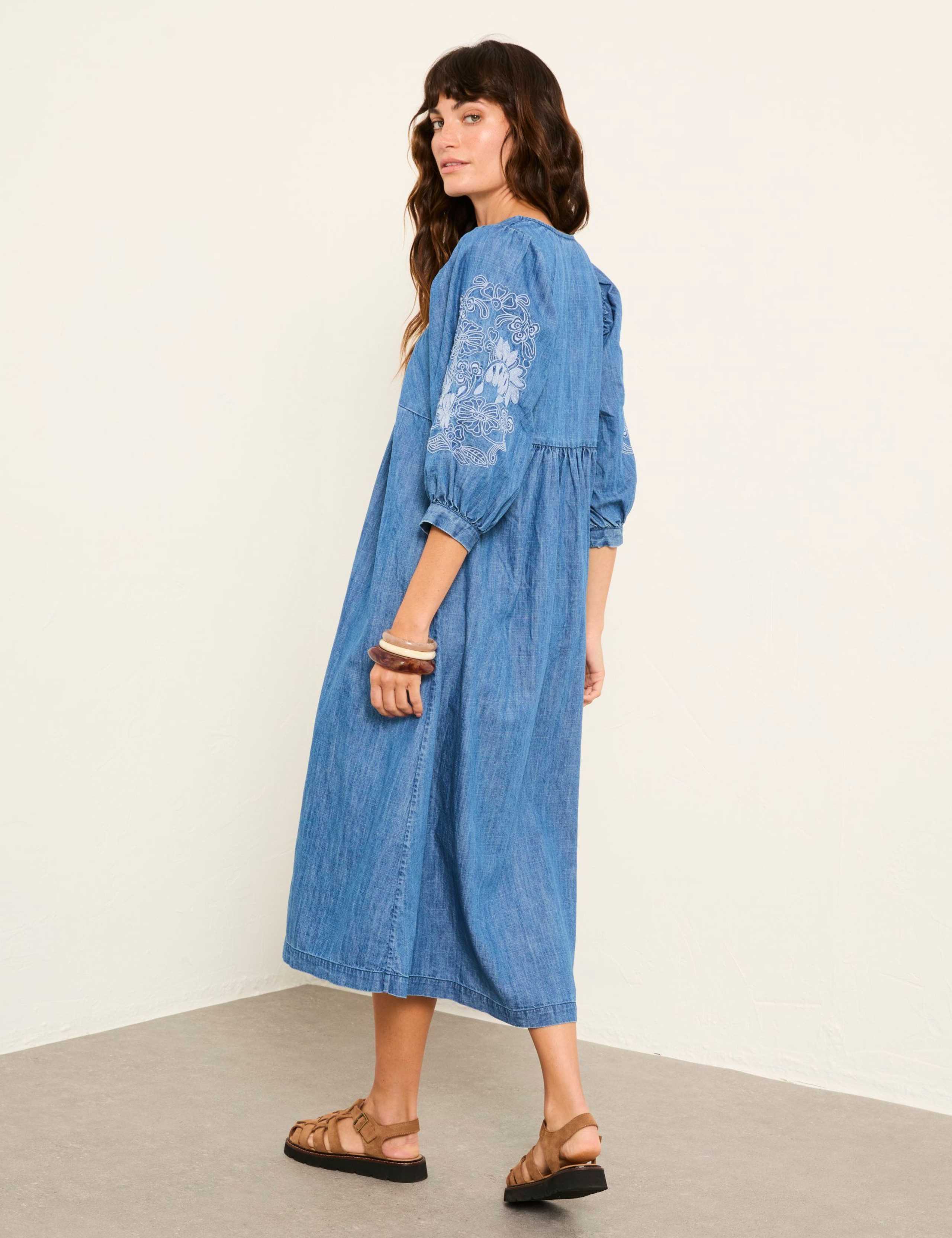 Denim Embroidered Midi Waisted Dress 6 of 6