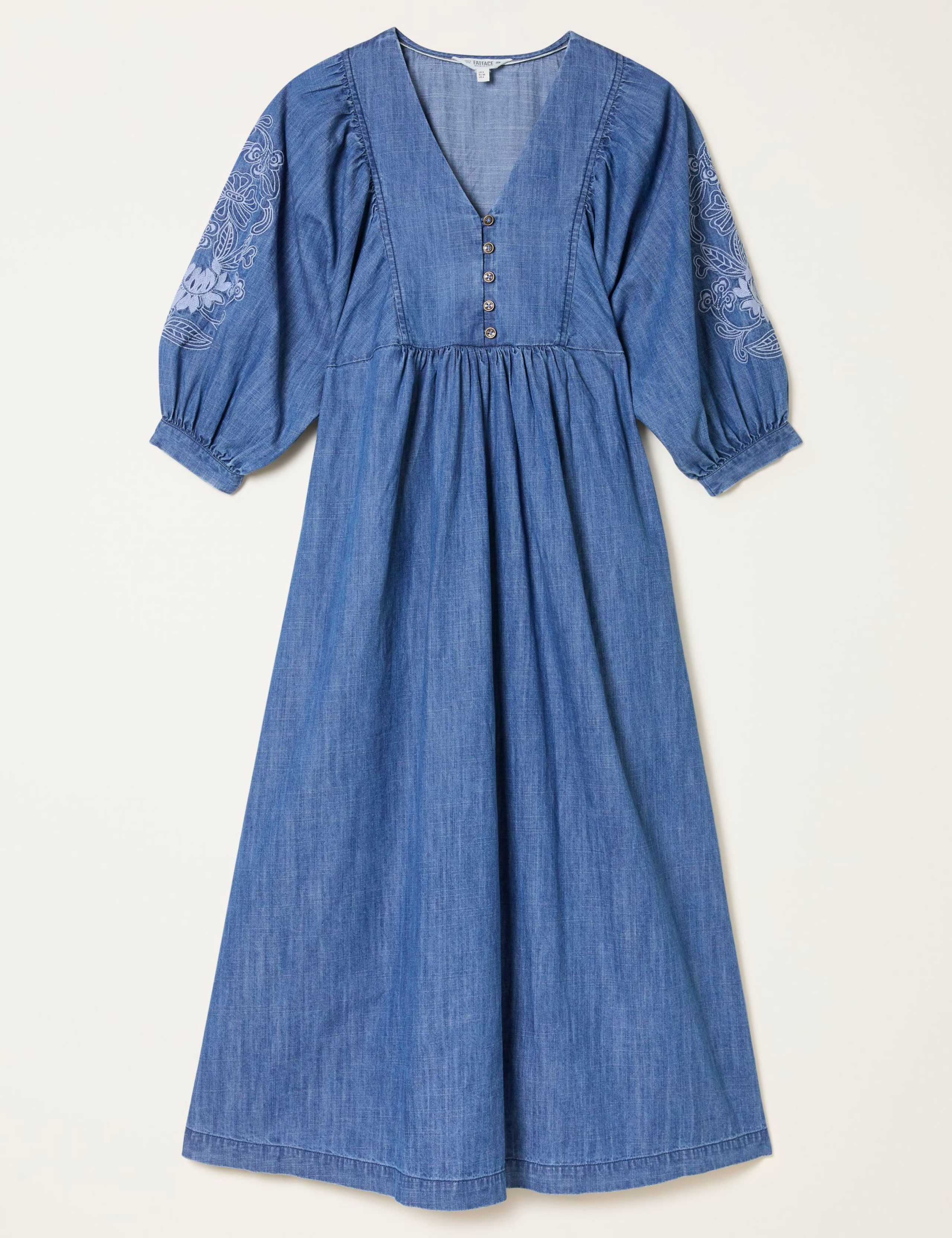 Denim Embroidered Midi Waisted Dress 2 of 6