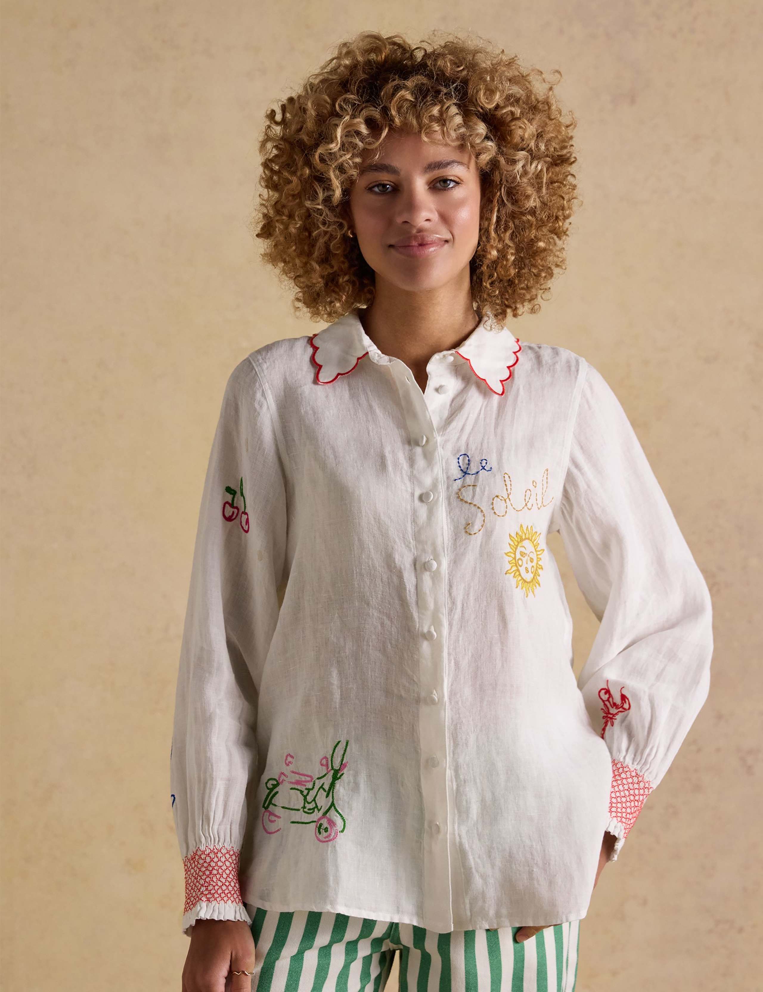 Pure Linen Embroidered Collared Shirt 1 of 9