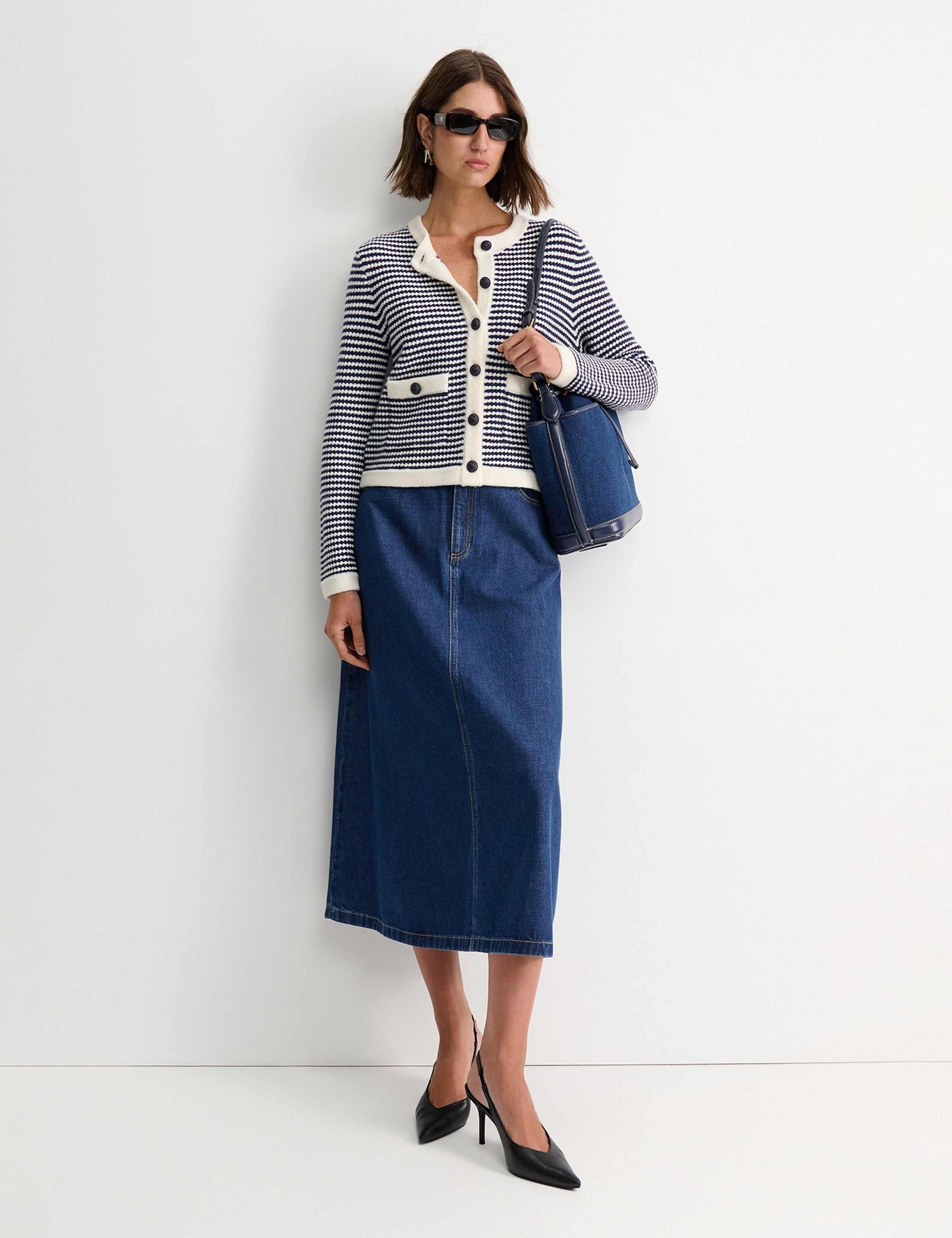 Wool Blend Striped Crew Neck Cardigan 2 of 5