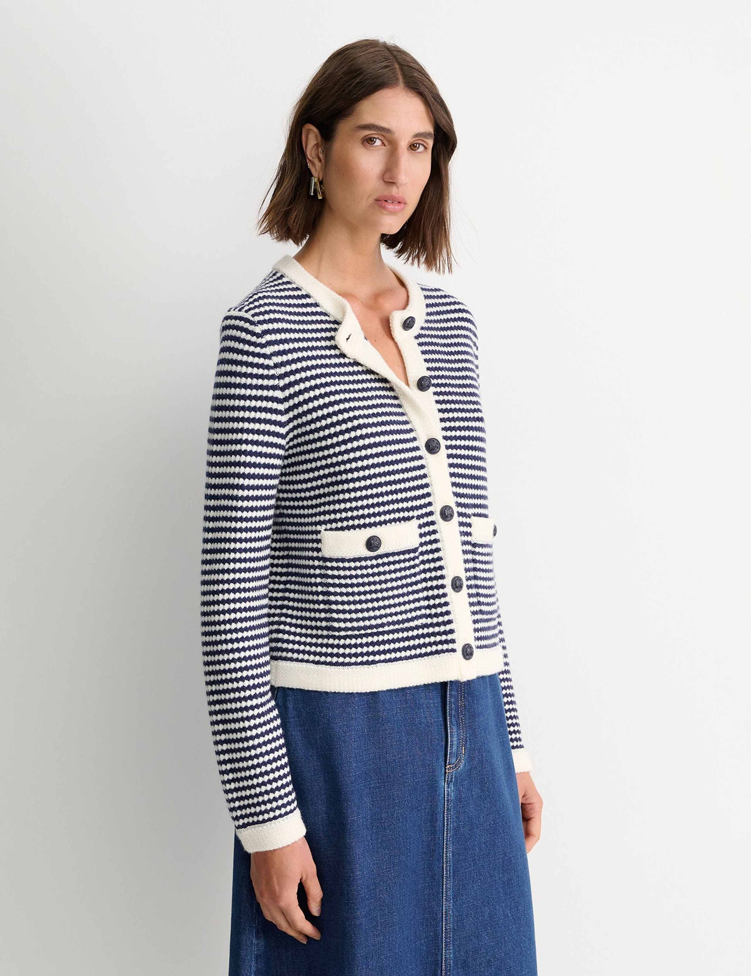 Wool Blend Striped Crew Neck Cardigan 3 of 5