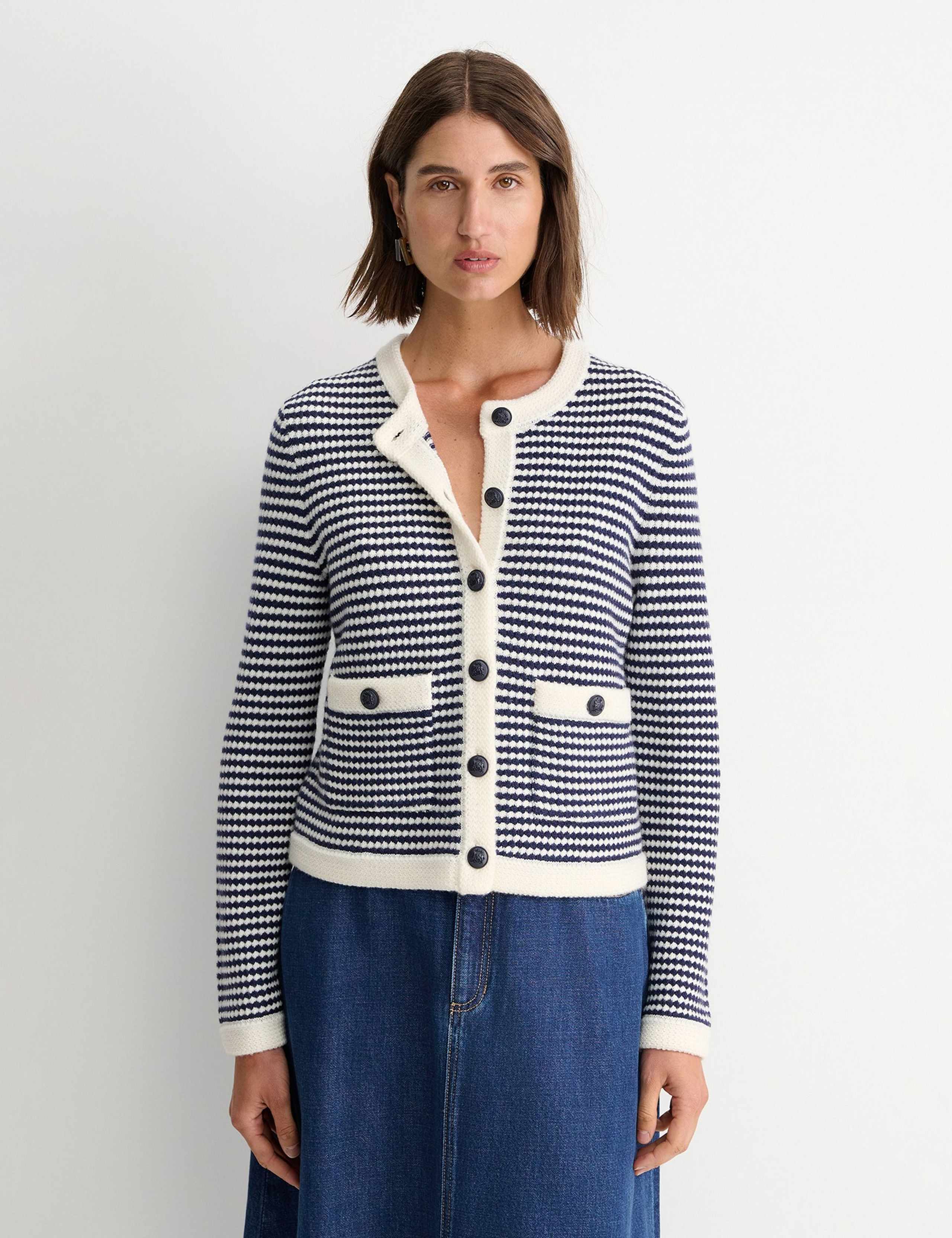 Wool Blend Striped Crew Neck Cardigan 4 of 5