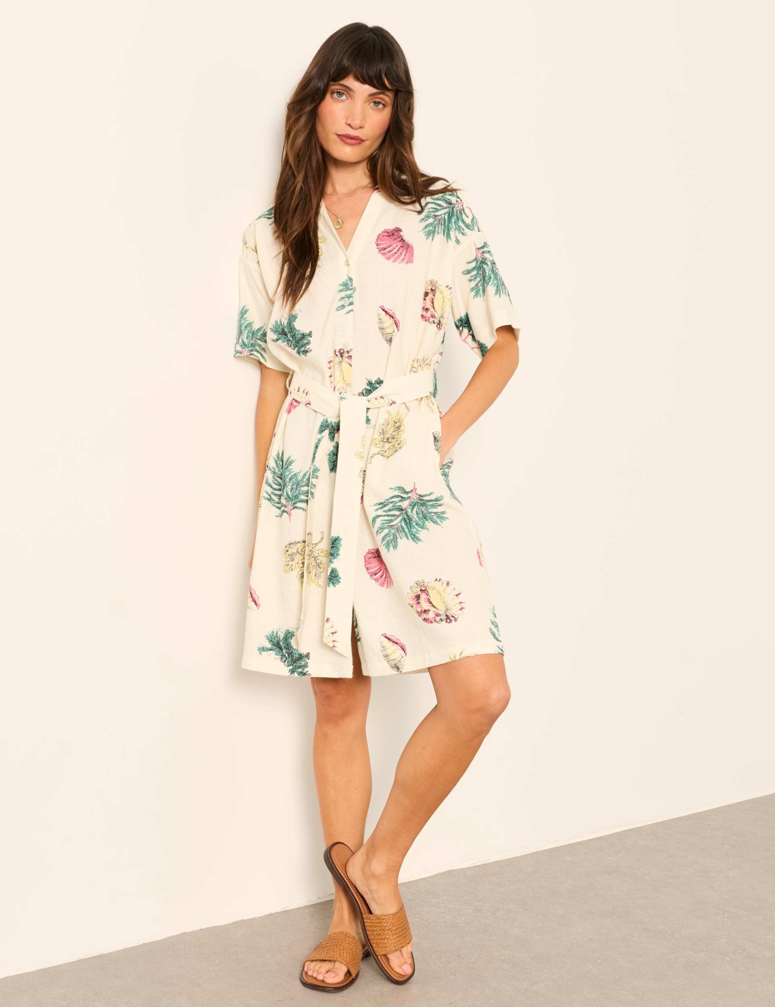 Linen Rich Shell Print Mini Shirt Dress 1 of 6