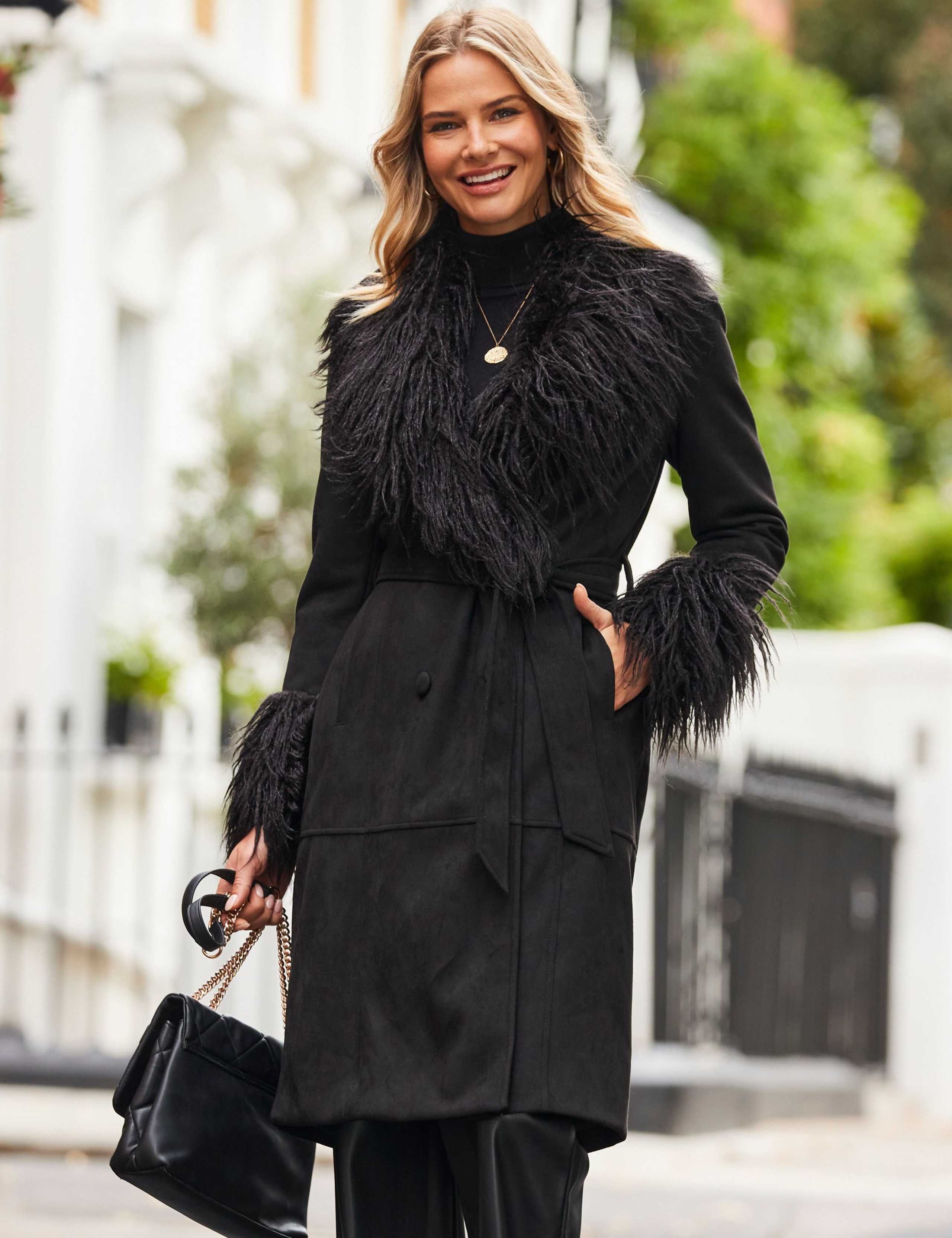 Belted Faux Fur Trim Coat 3 of 6