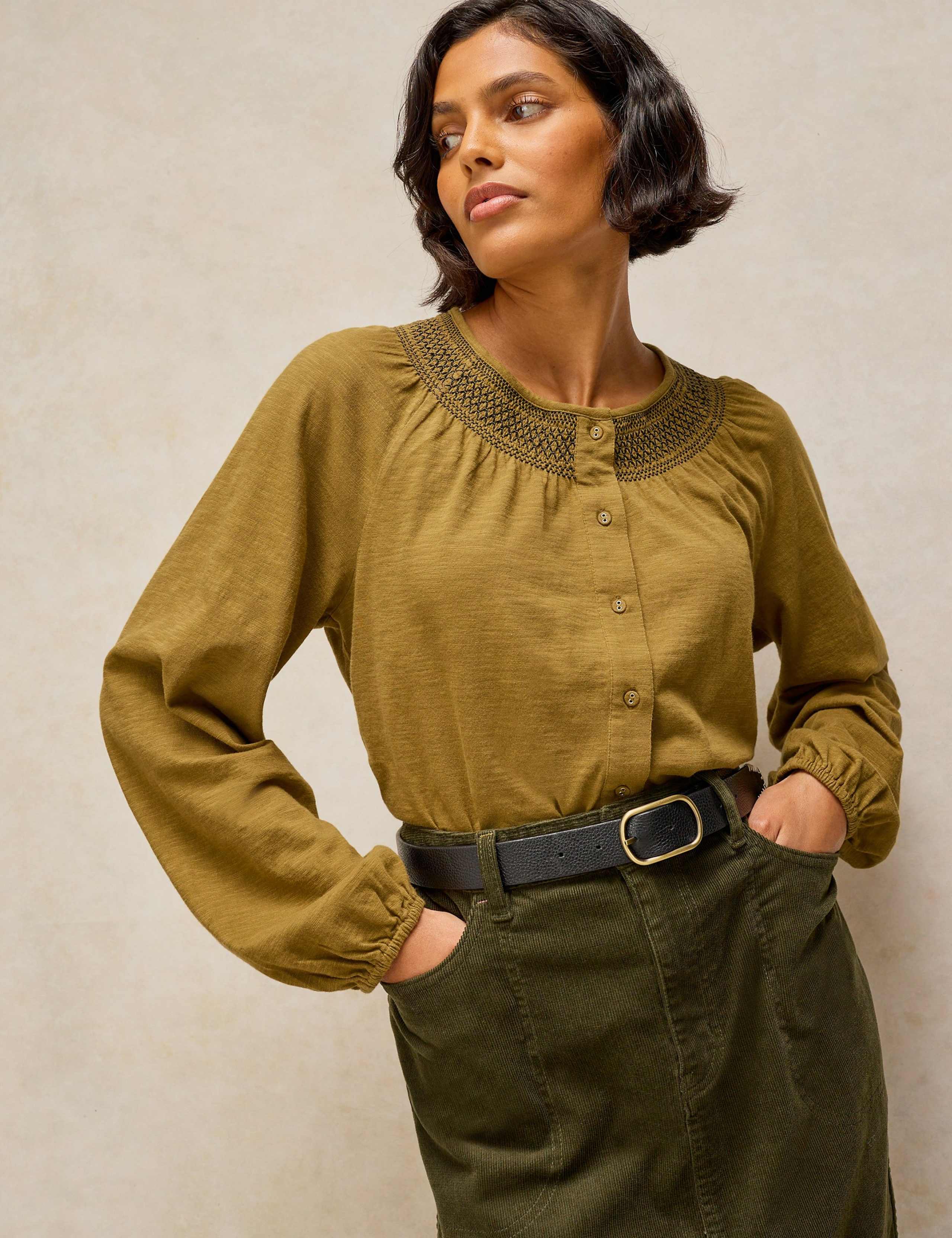 Pure Cotton Button Through Crew Neck Blouse 3 of 6