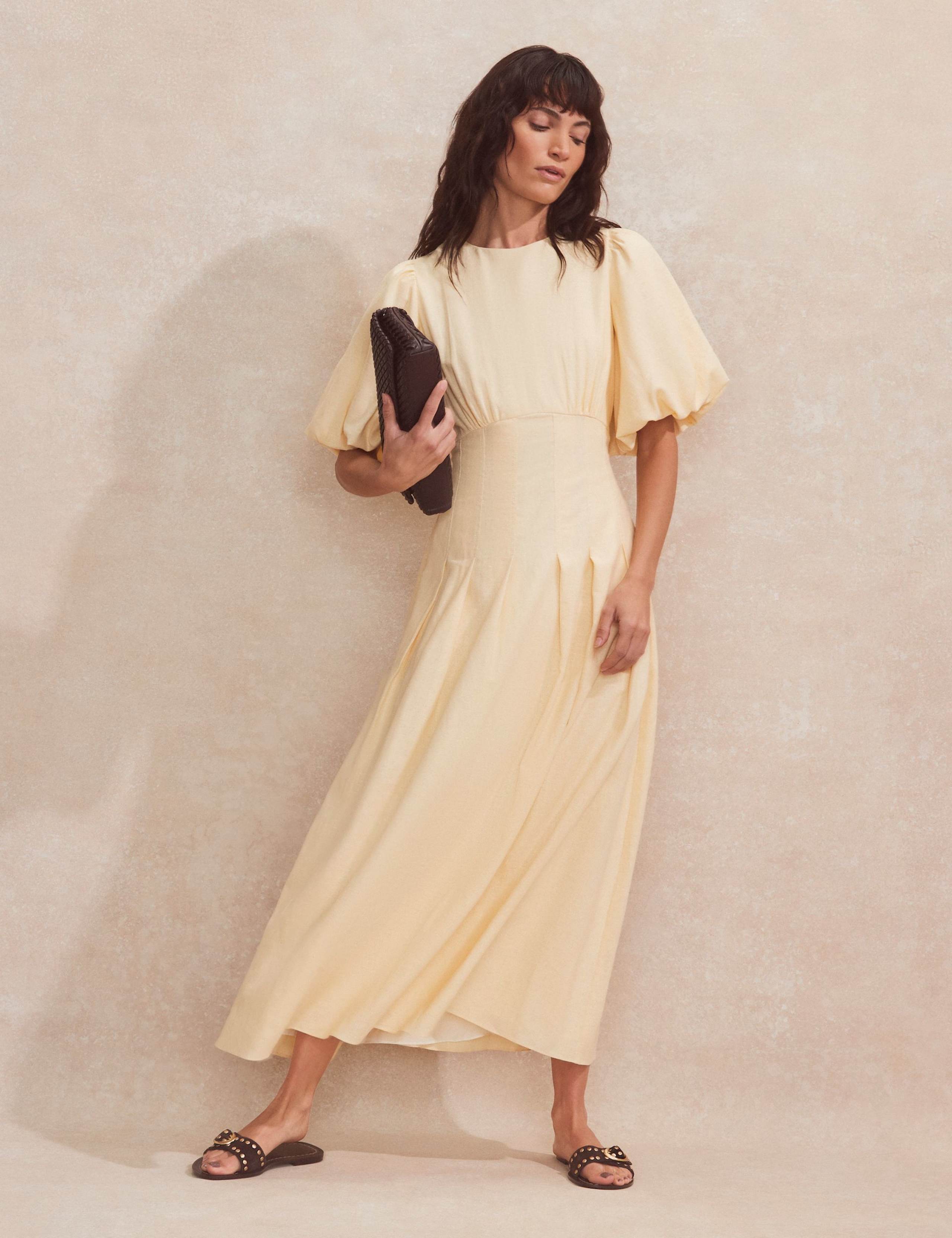 Linen Rich Pleated Midaxi Waisted Dress 2 of 4