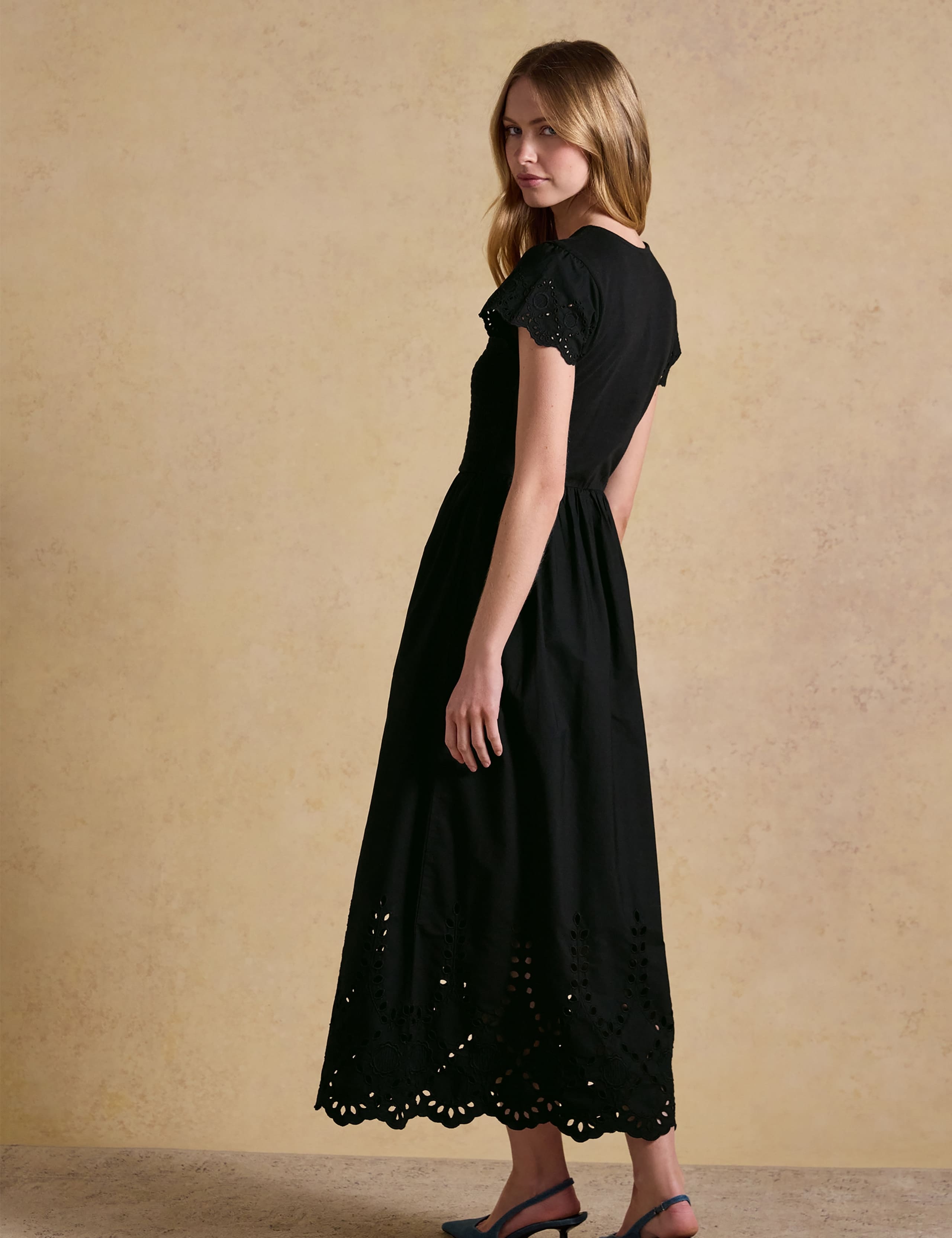 Pure Cotton Broderie V-Neck Midi Shirred Dress 4 of 8