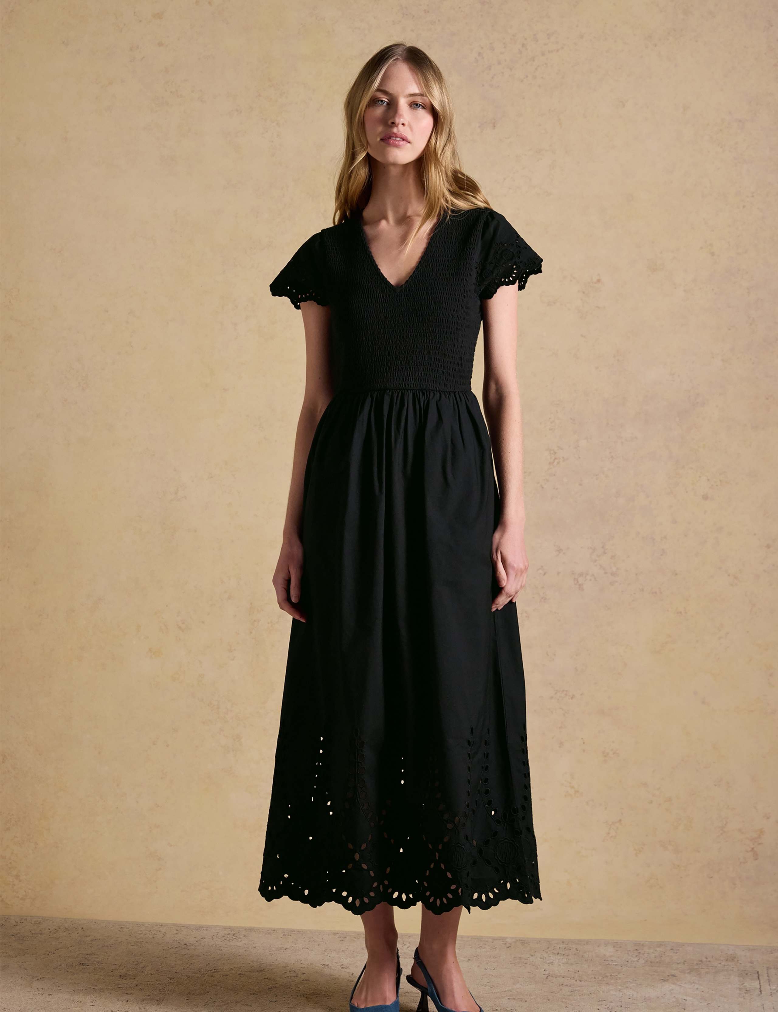 Pure Cotton Broderie V-Neck Midi Shirred Dress 6 of 8