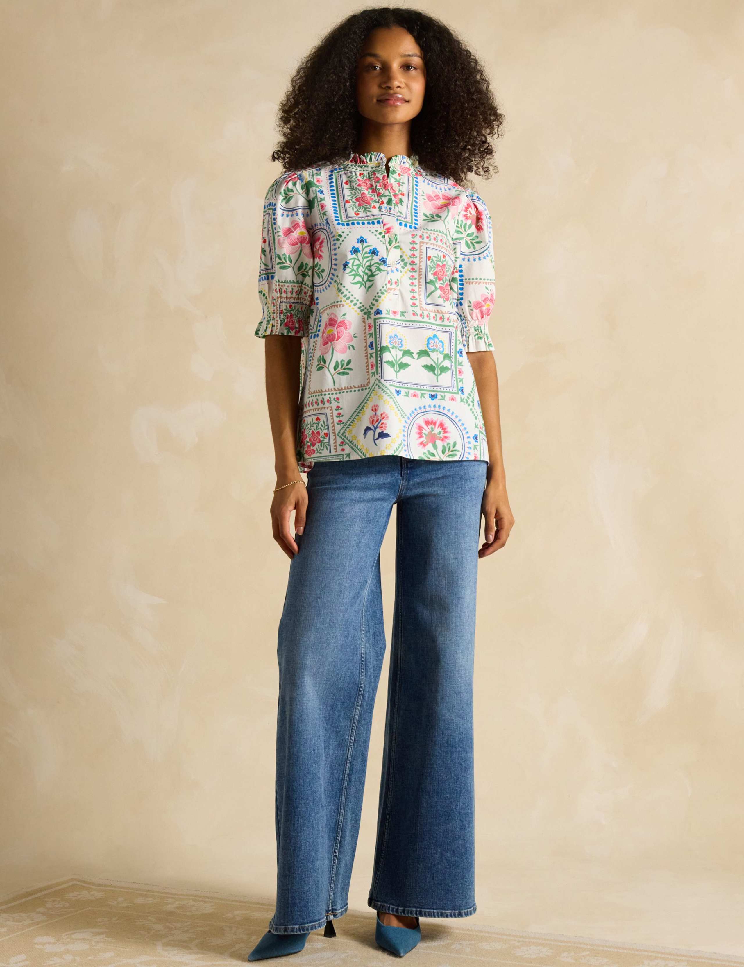Pure Cotton Floral Frill Neck Puff Sleeve Blouse 3 of 7