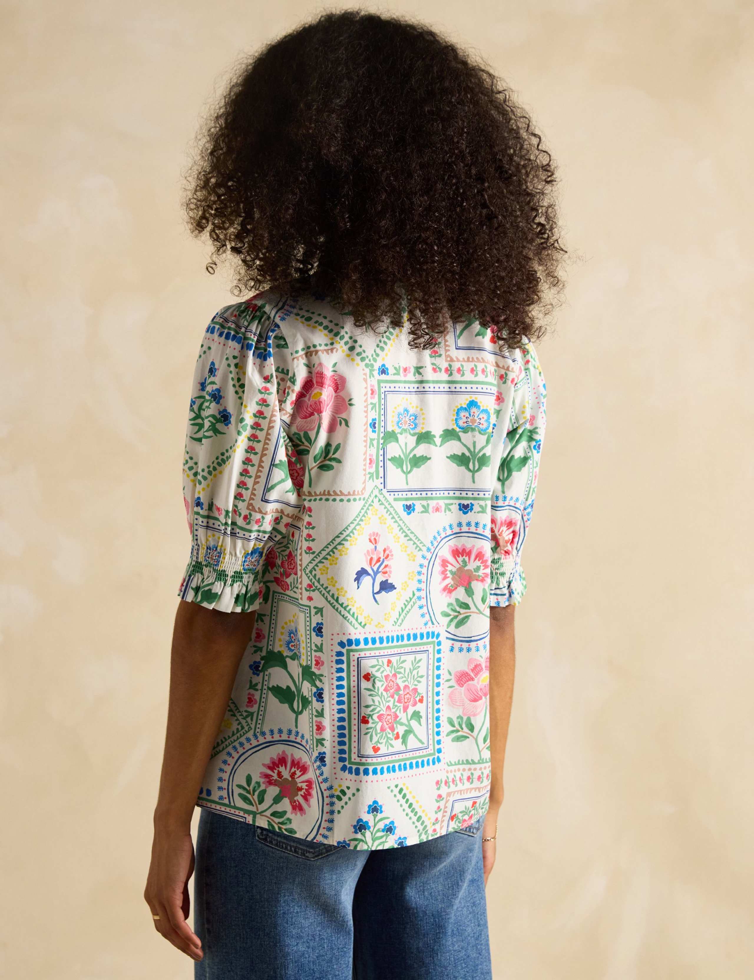 Pure Cotton Floral Frill Neck Puff Sleeve Blouse 5 of 7