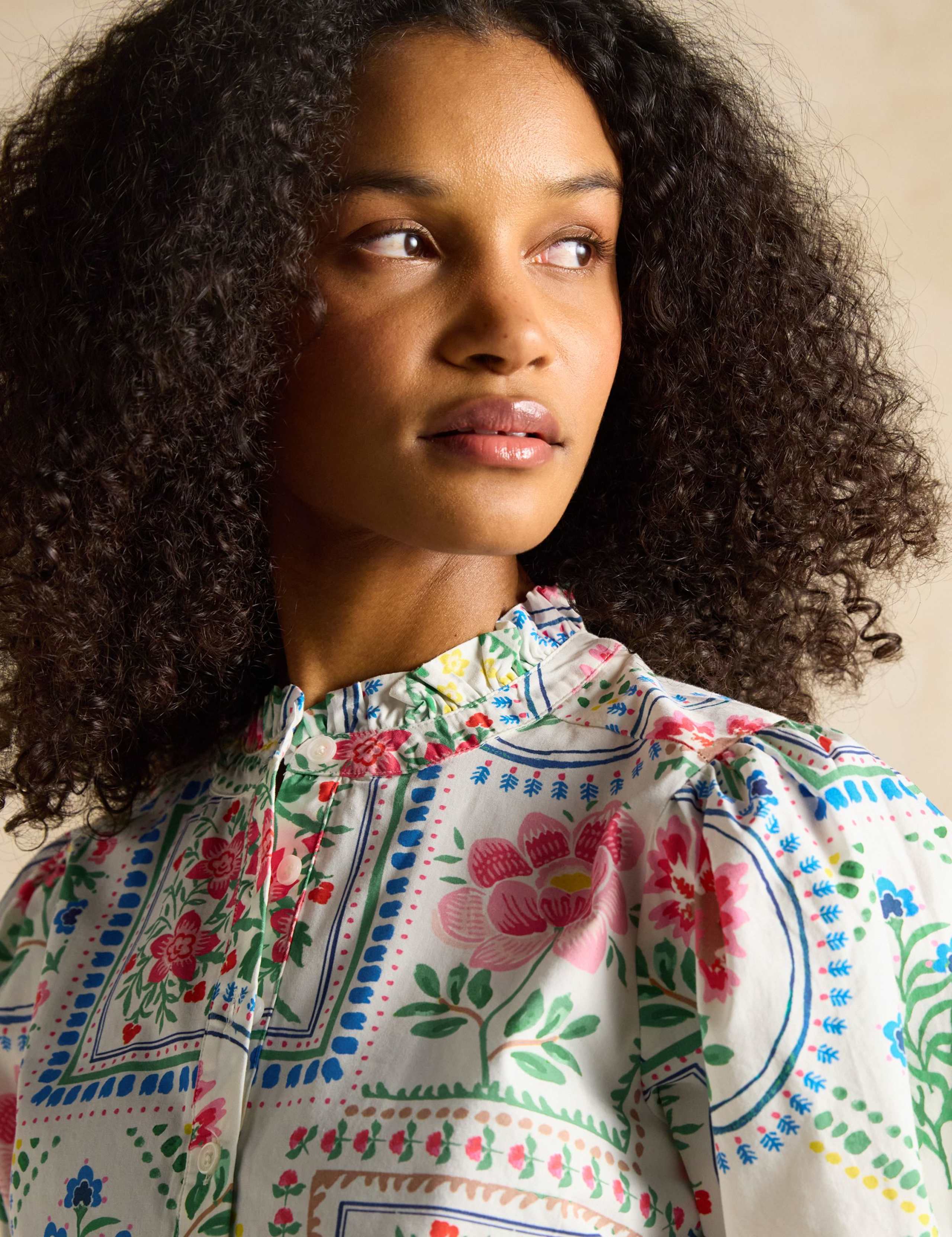 Pure Cotton Floral Frill Neck Puff Sleeve Blouse 6 of 7