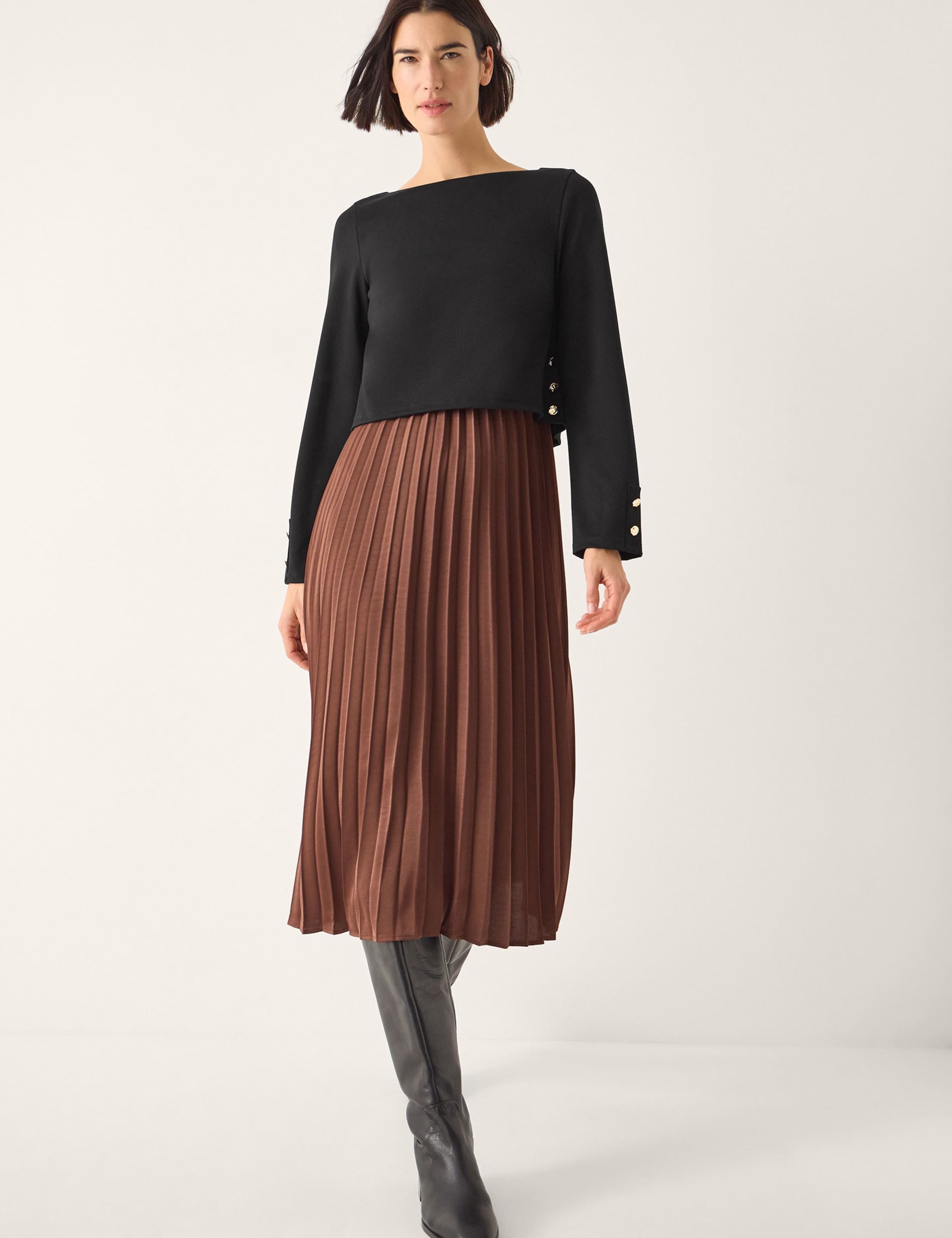 Satin Jersey Pleated Midi Waisted Dress 1 of 6