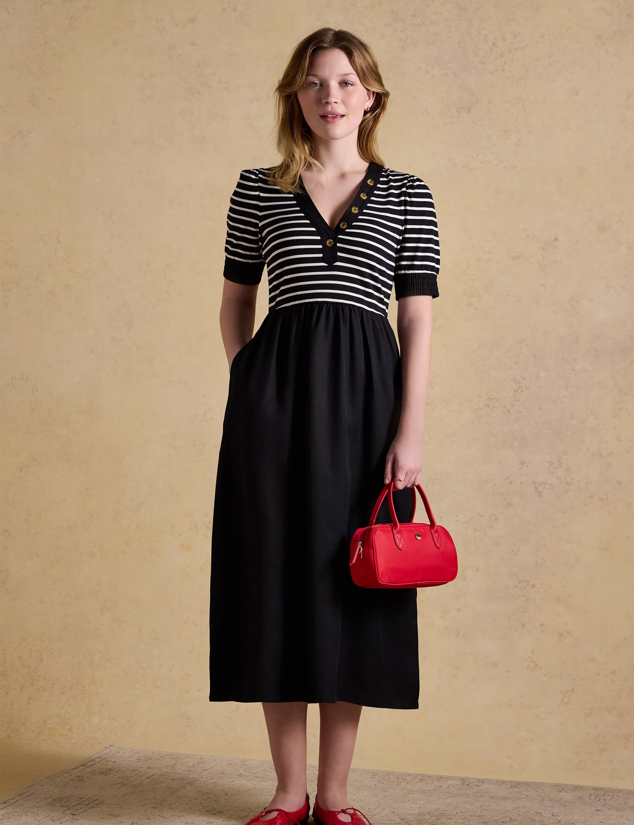 Jersey Striped V-Neck Midi Waisted Dress 5 of 8