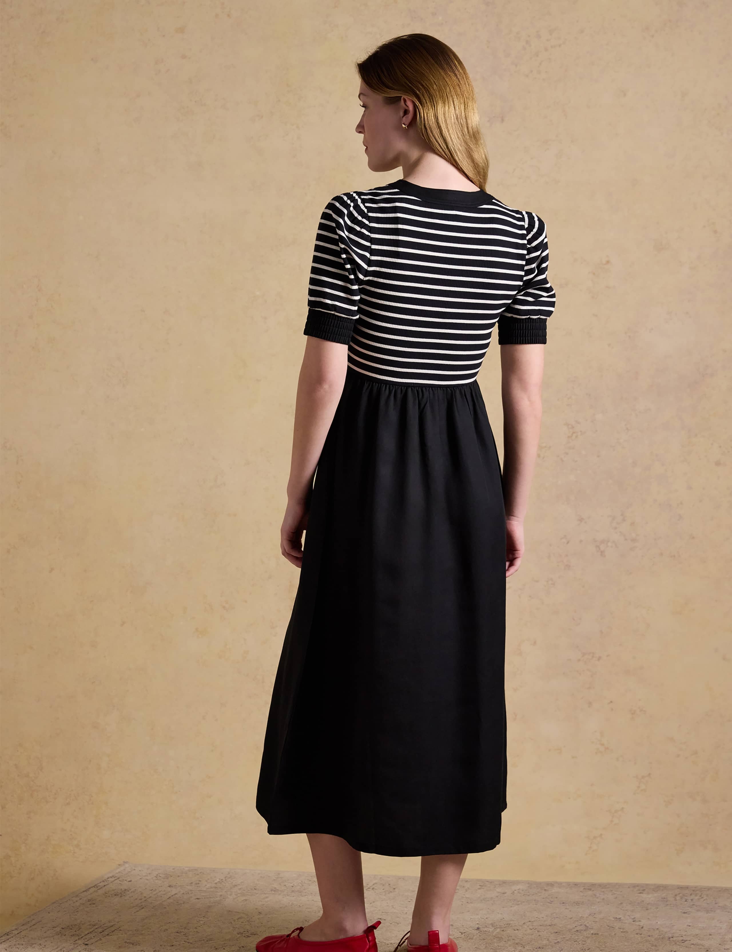 Jersey Striped V-Neck Midi Waisted Dress 6 of 8