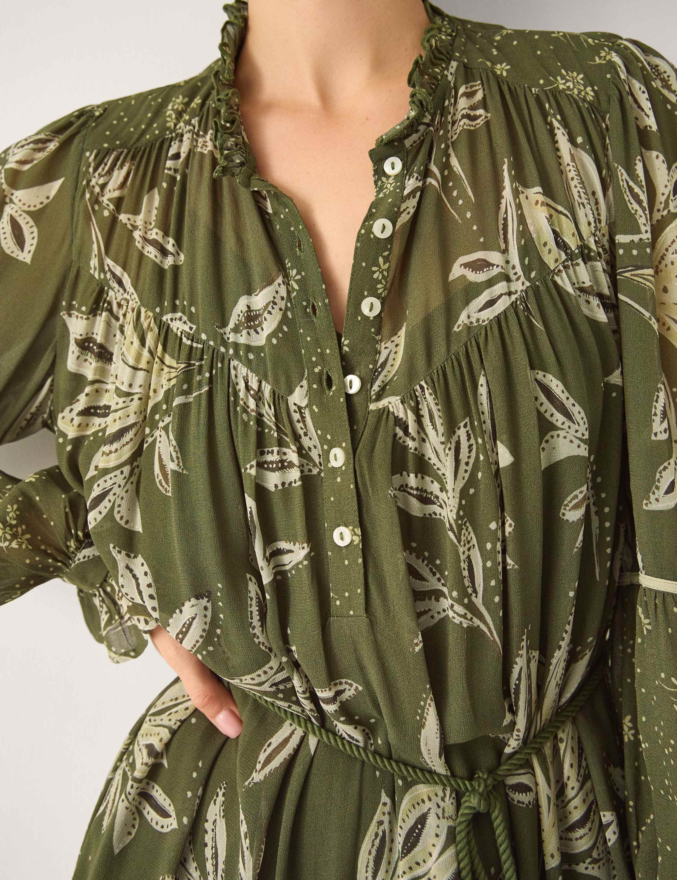 Floral Leaf Print Button Front Midi Tiered Dress 5 of 5