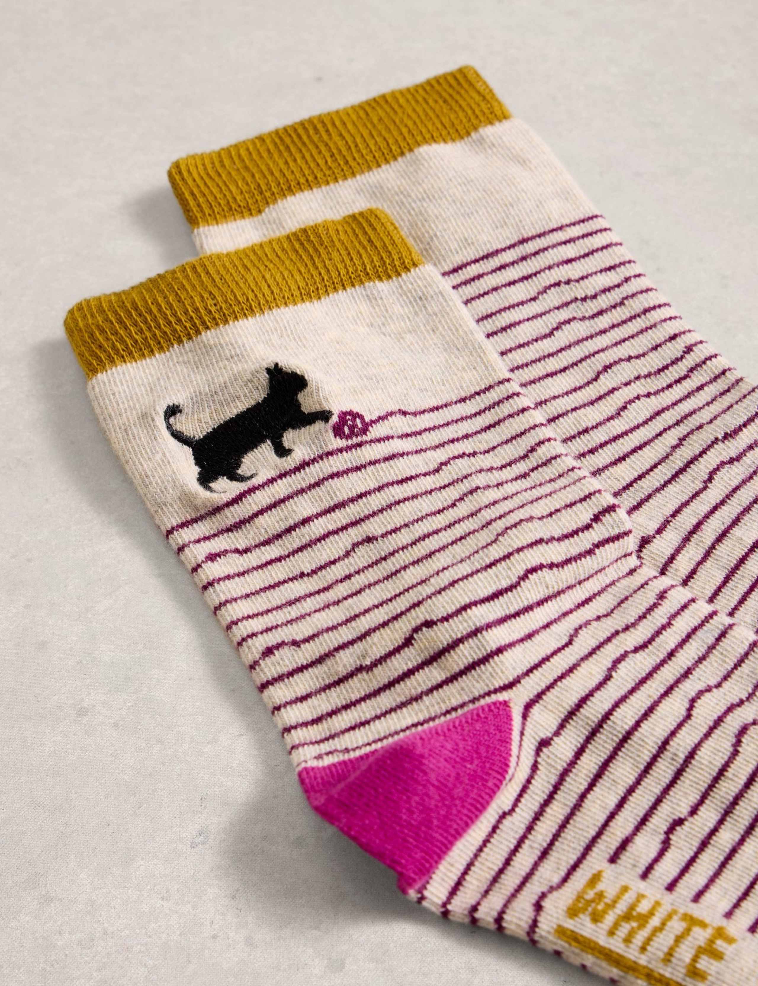 Cotton Rich Striped Cat Ankle High Socks 2 of 2