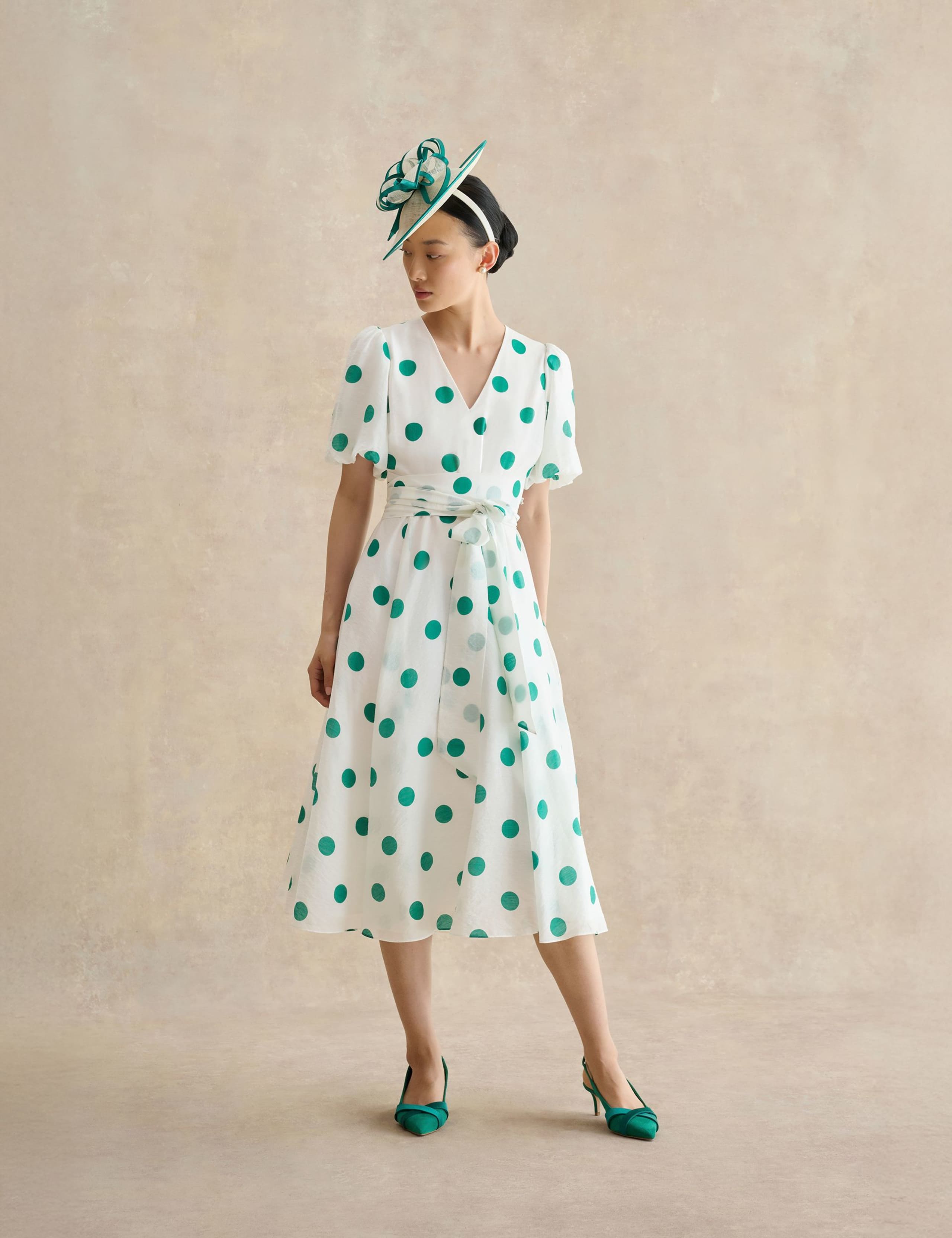 Polka Dot V-Neck Tie Waist Midi Skater Dress 3 of 5