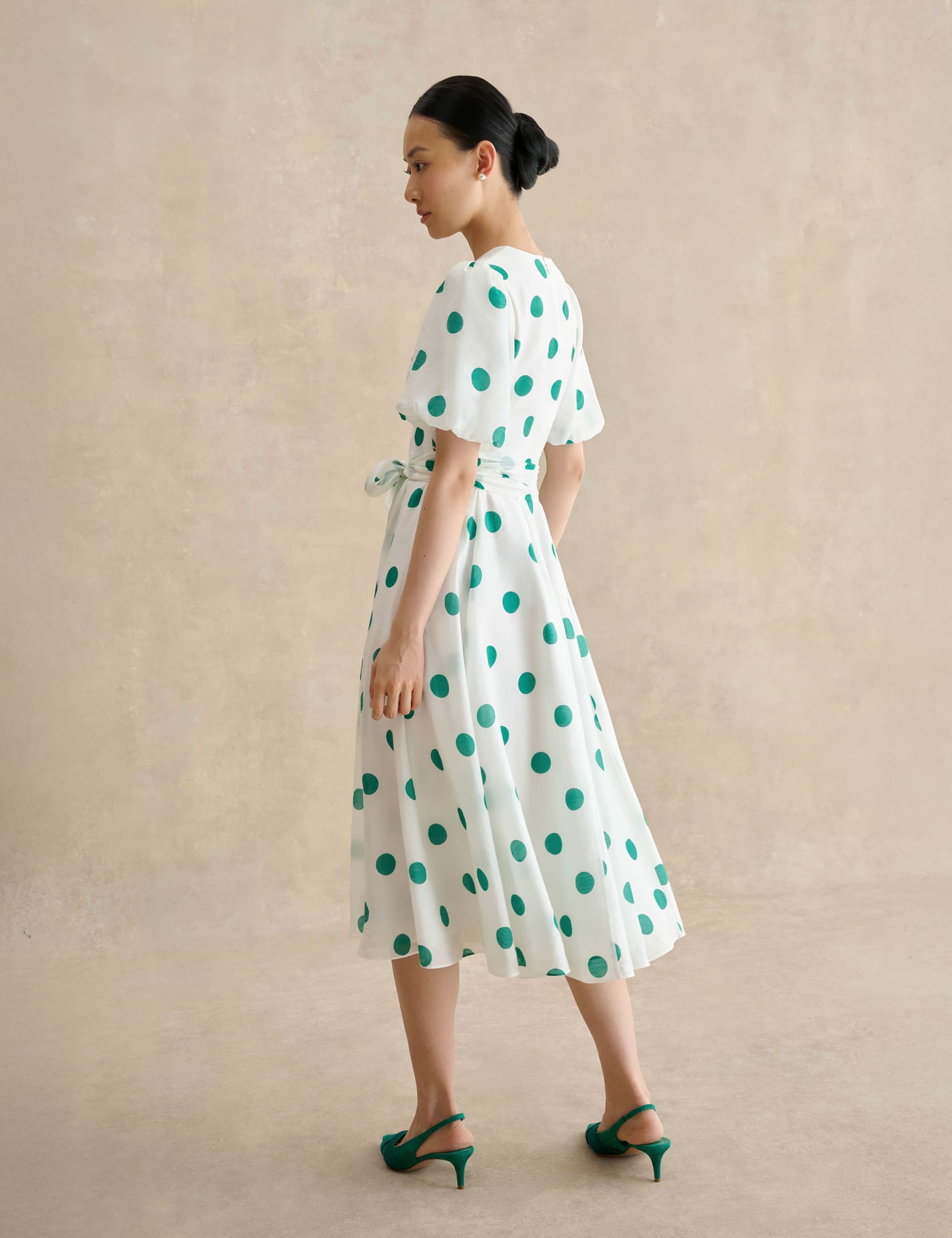 Polka Dot V-Neck Tie Waist Midi Skater Dress 4 of 5