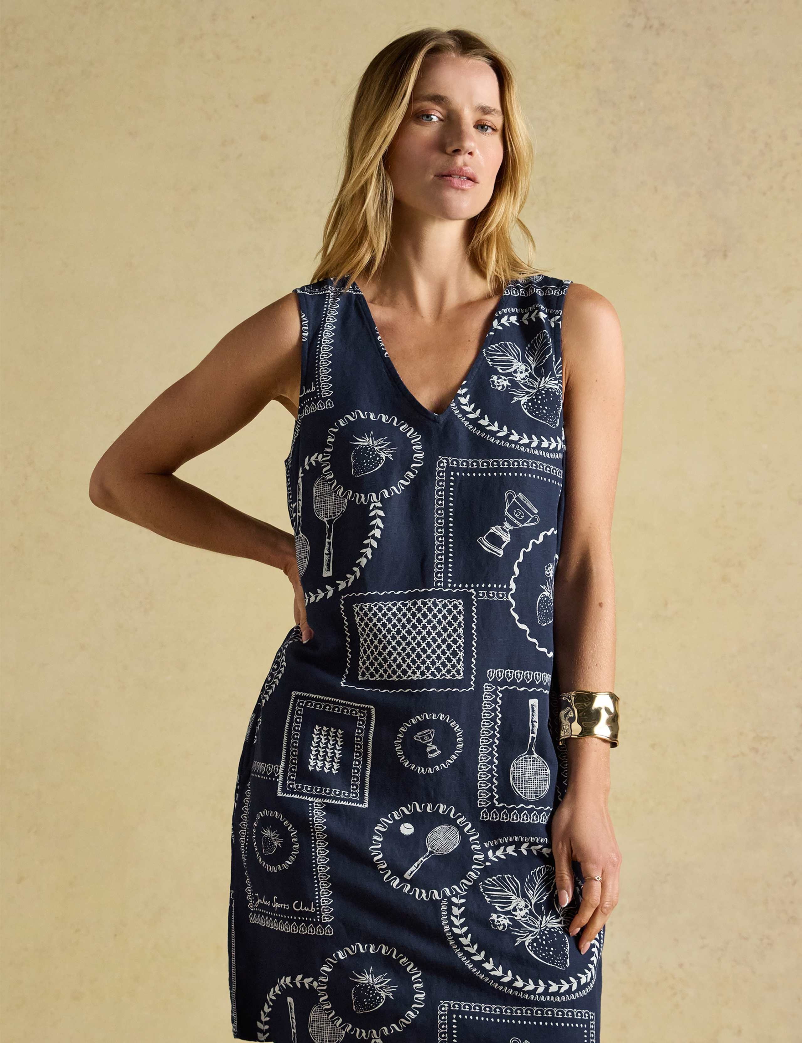 Linen Blend Printed V-Neck Mini Shift Dress 1 of 7