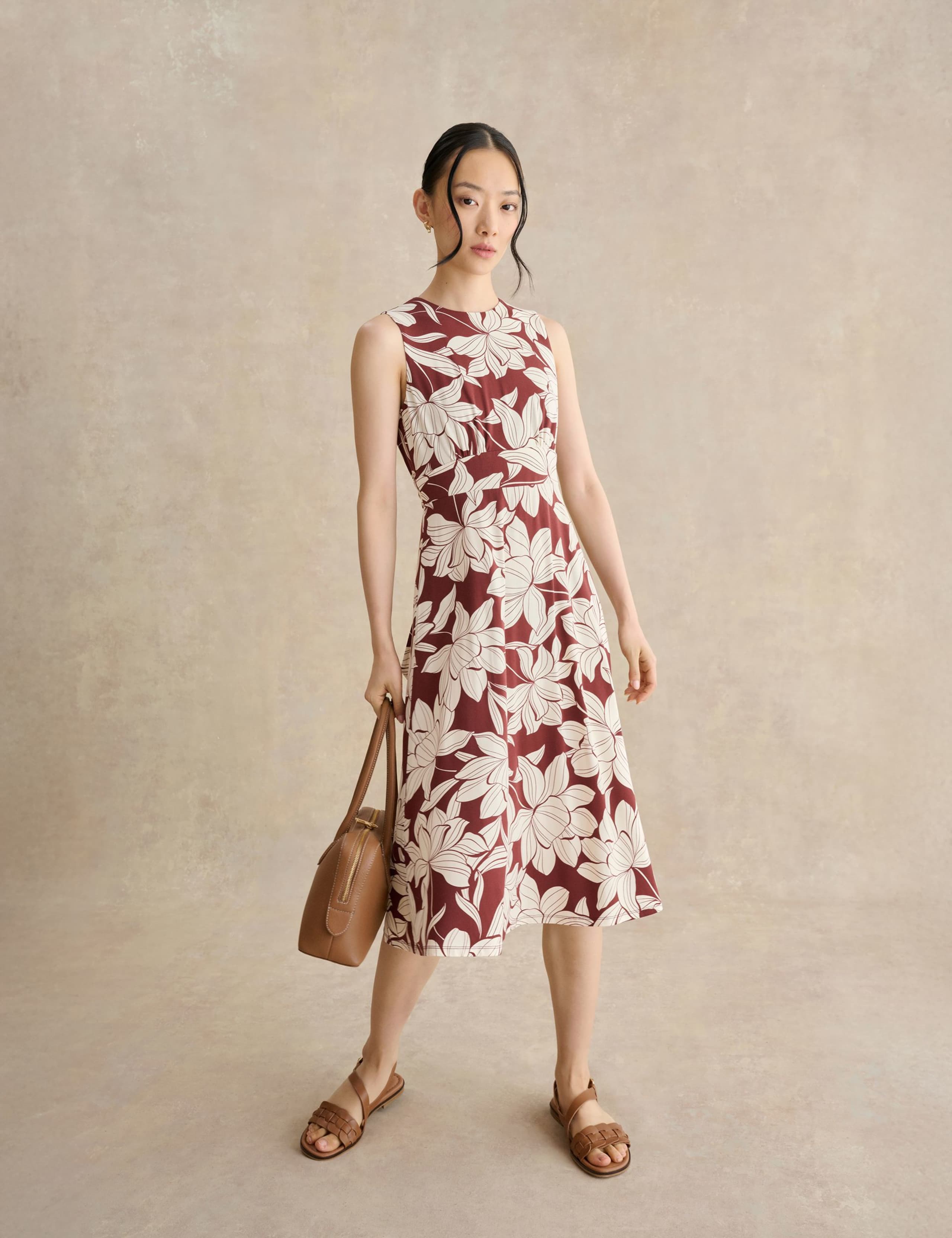 Jersey Floral Knee Length Waisted Dress 1 of 5