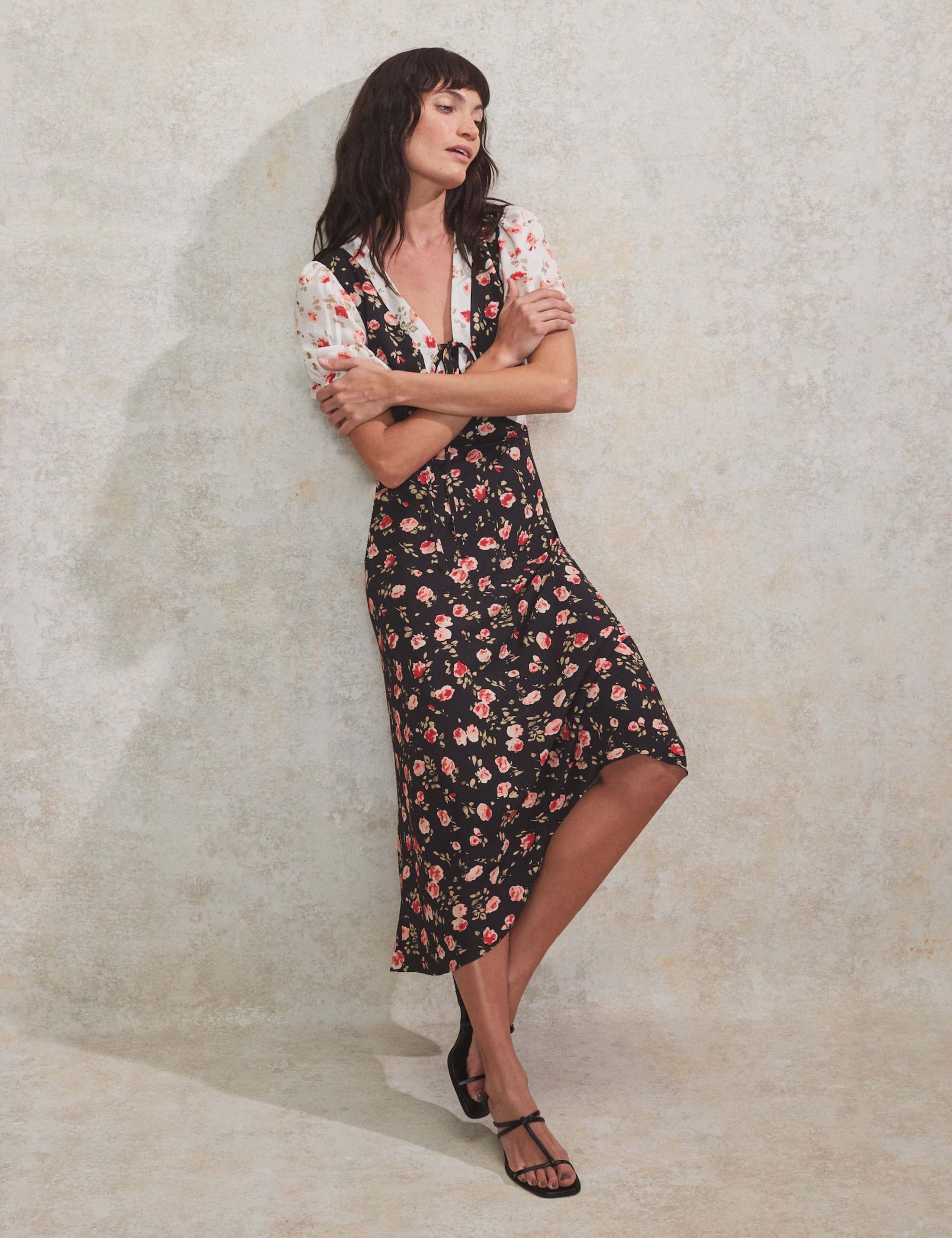 Ditsy Floral Tie Neck Midi Tea Dress 2 of 4