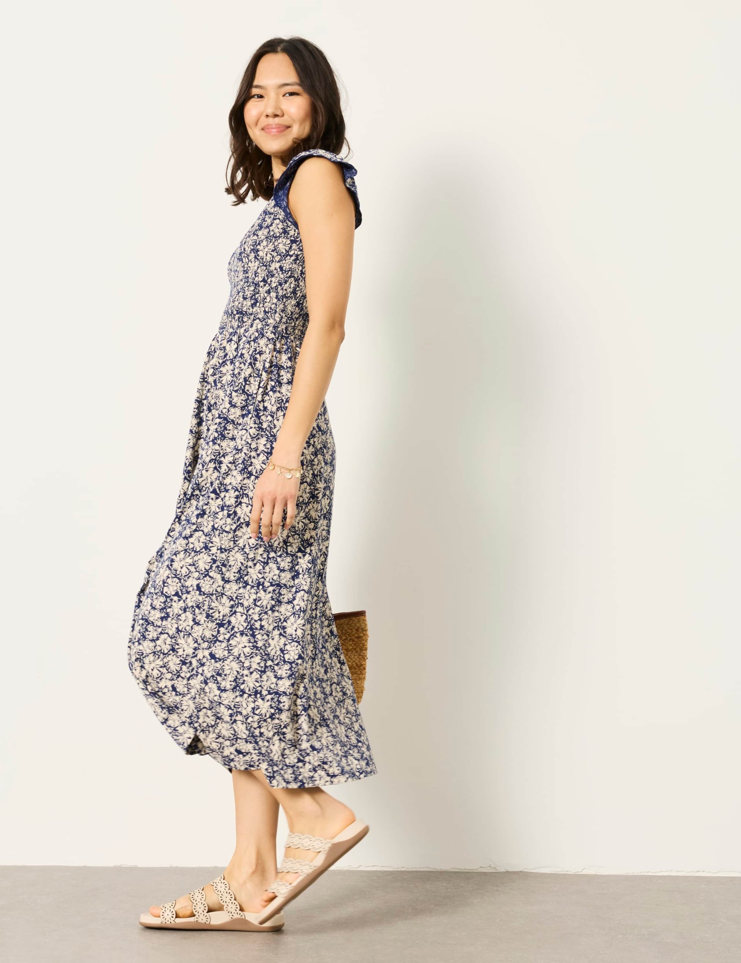 Pure Cotton Jersey Floral Midi Waisted Dress 4 of 5