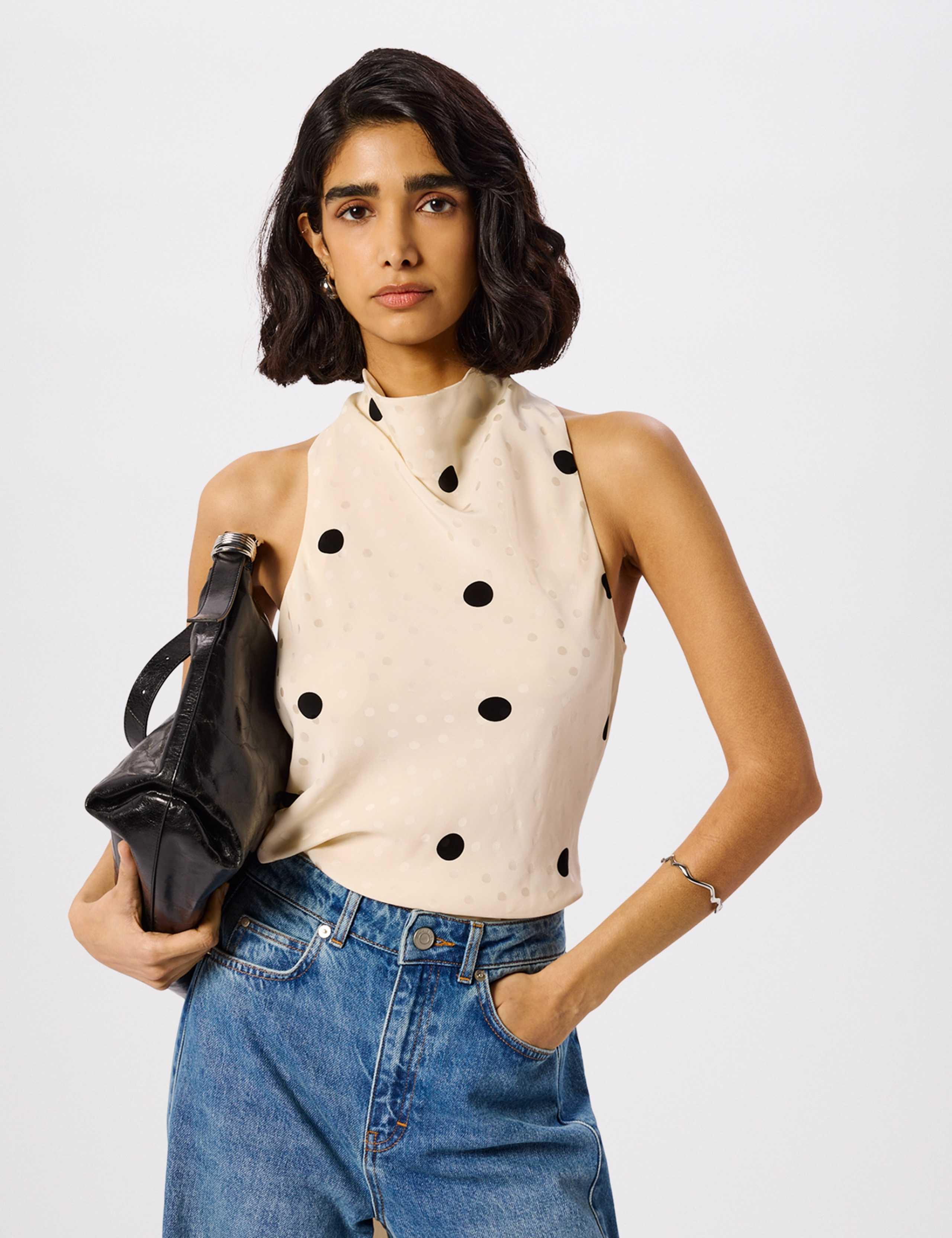 Satin Polka Dot Halter Neck Tie Detail Blouse 1 of 5