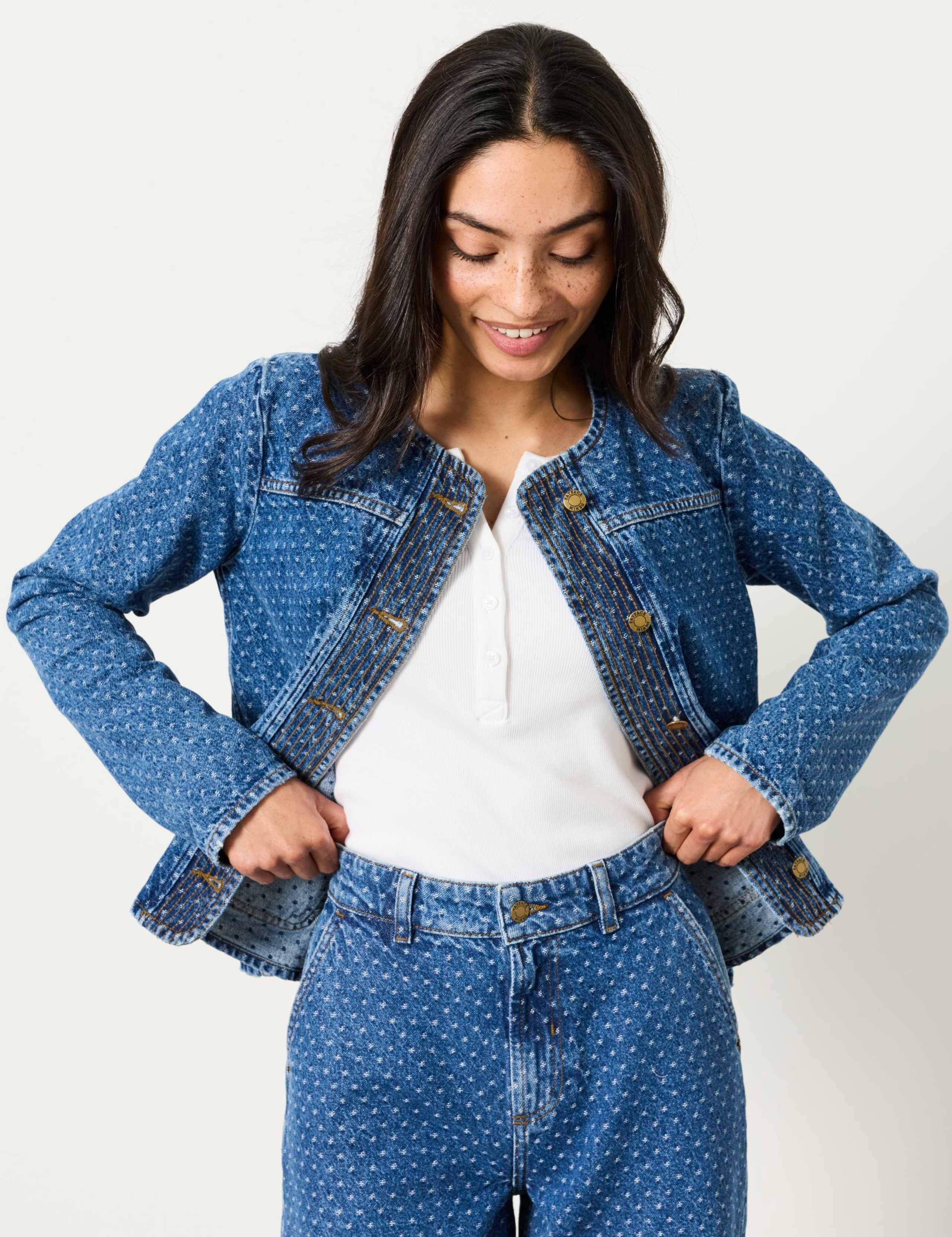 Denim Polka Dot Collarless Jacket 4 of 5