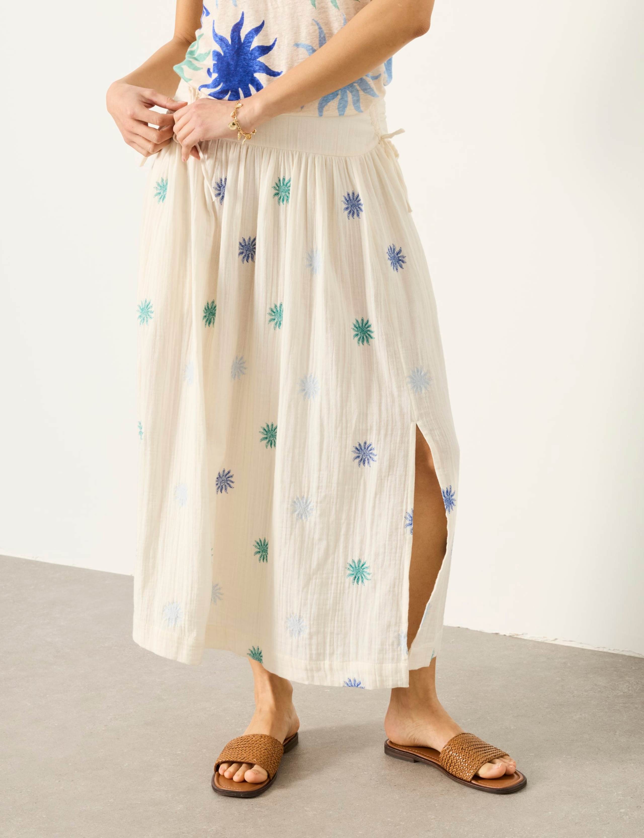 Pure Cotton Embroidered Midi A-Line Skirt 1 of 6