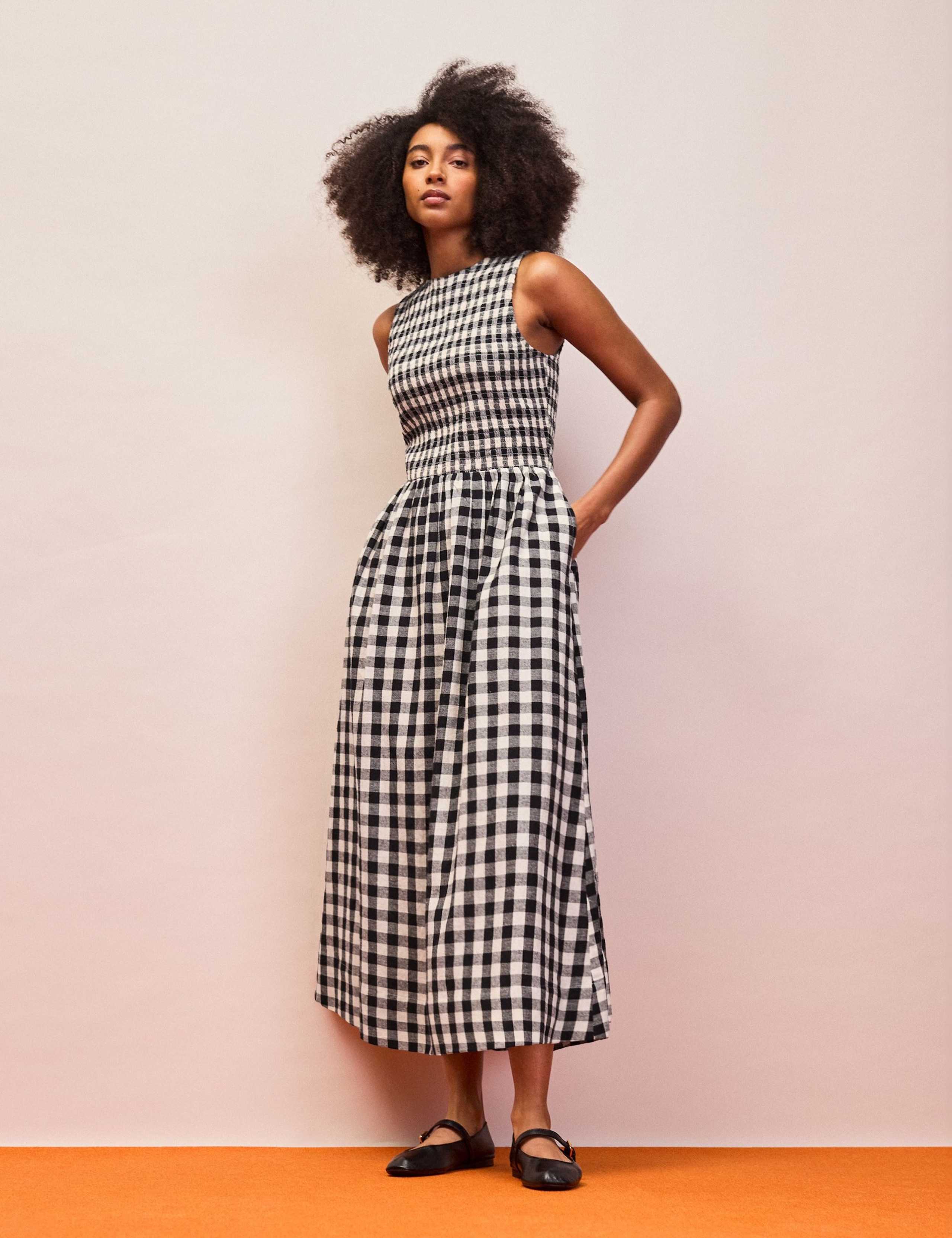 Gingham Midaxi Waisted Dress with Linen 1 of 4