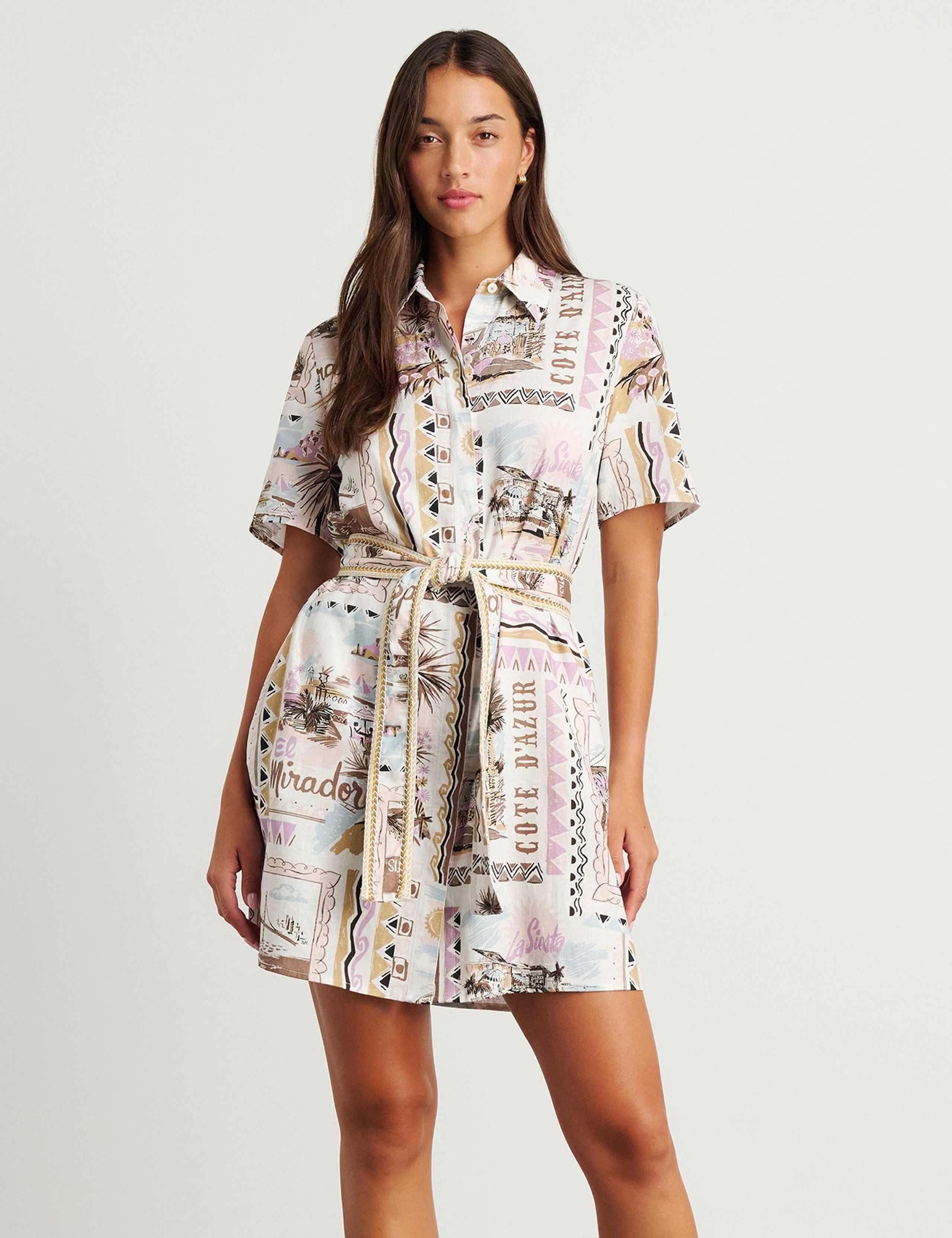 Linen Rich Printed Mini Shirt Dress 1 of 5