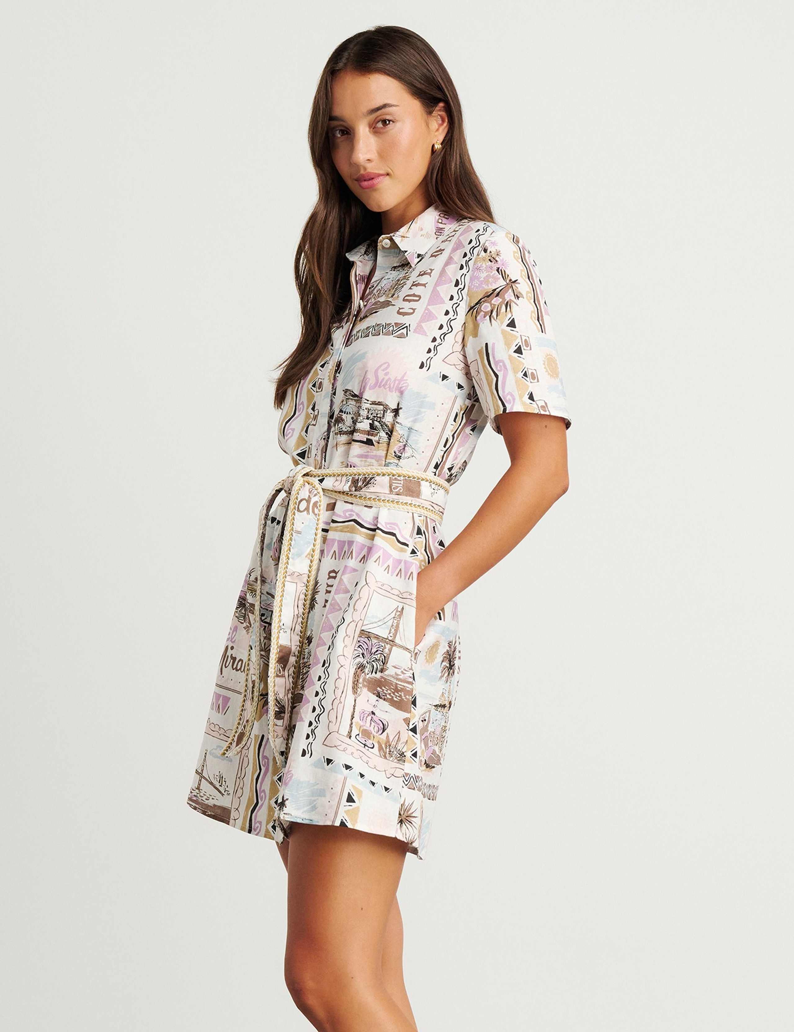 Linen Rich Printed Mini Shirt Dress 3 of 5