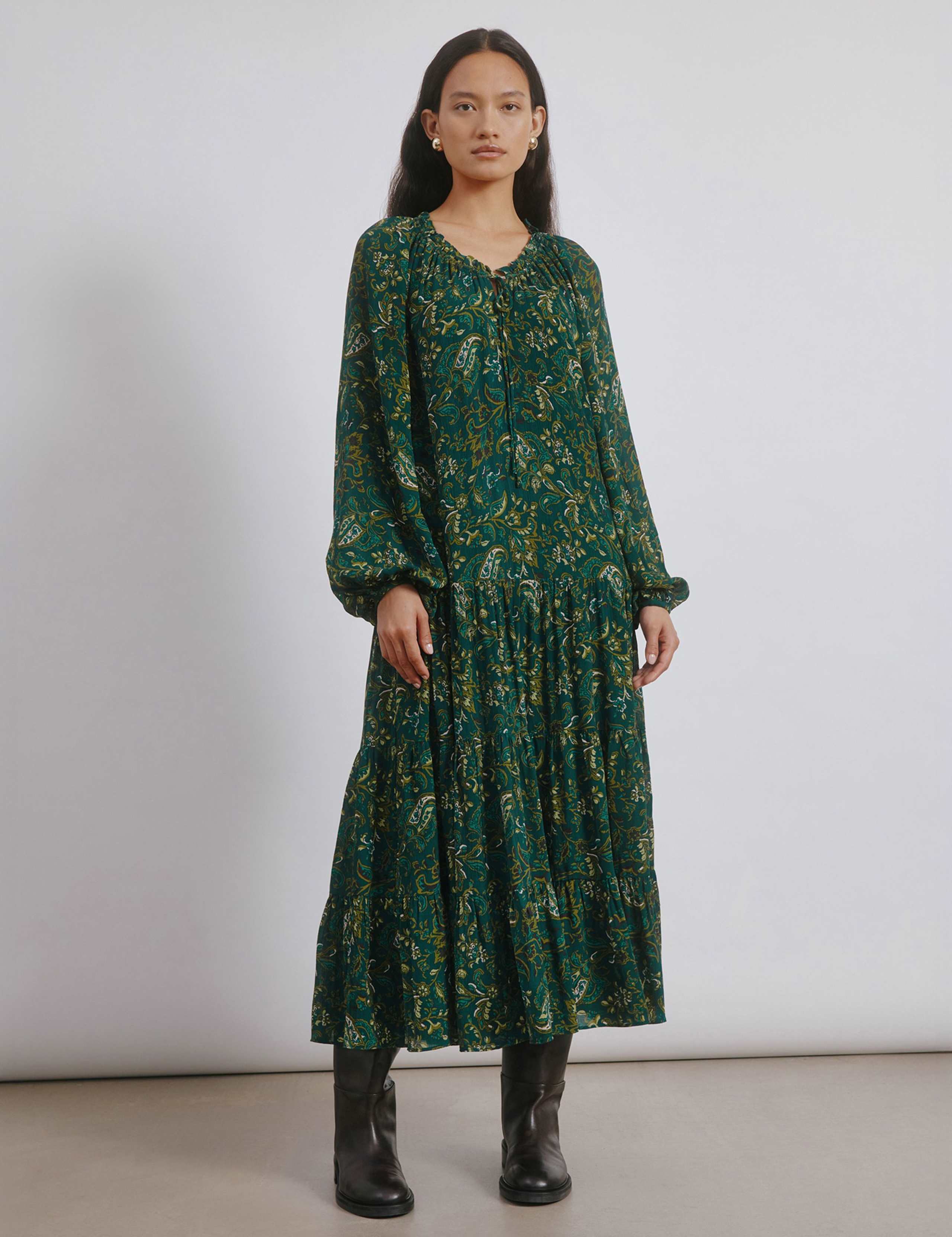 Paisley Tie Neck Midi Relaxed Tiered Dress 3 of 6
