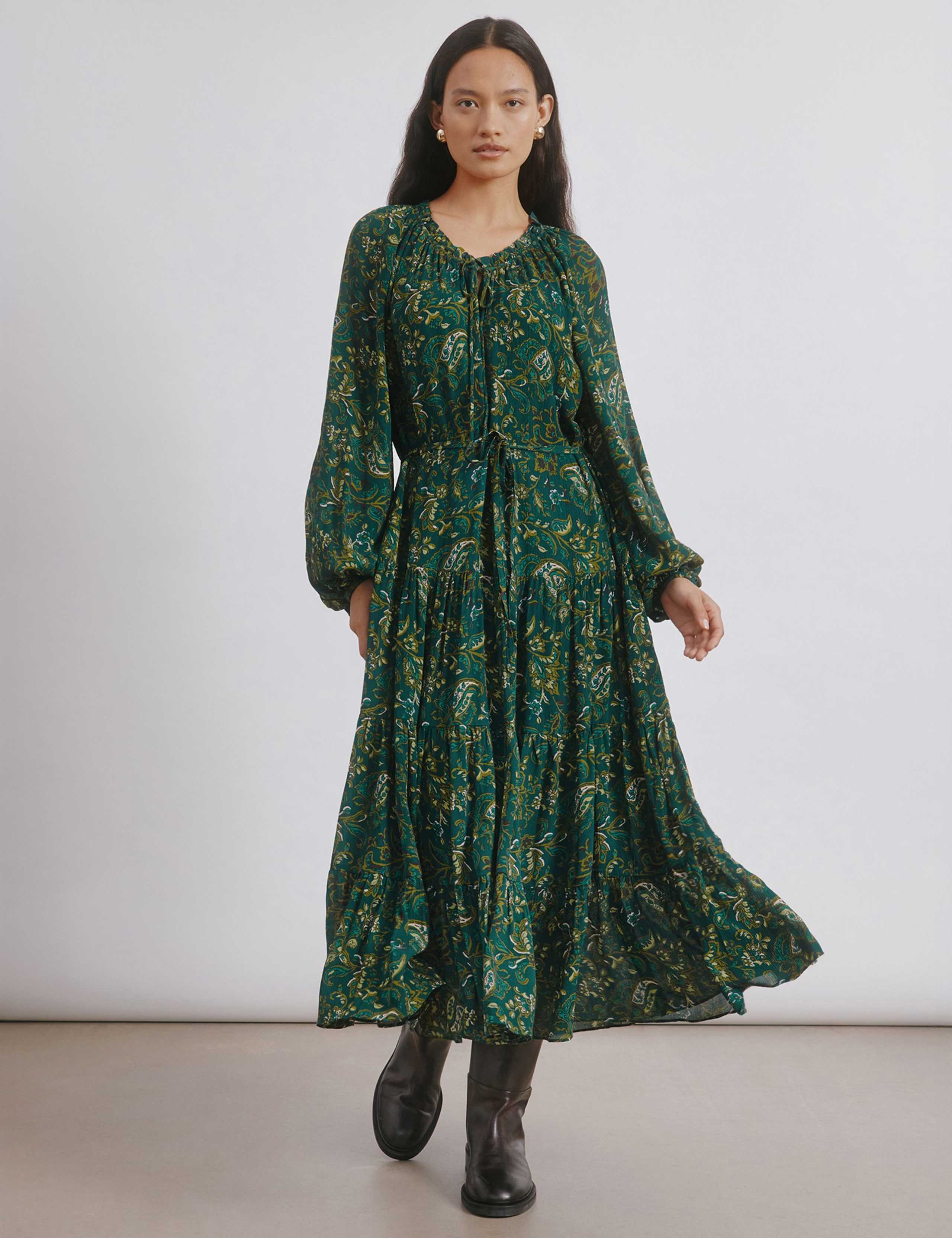 Paisley Tie Neck Midi Relaxed Tiered Dress 4 of 6