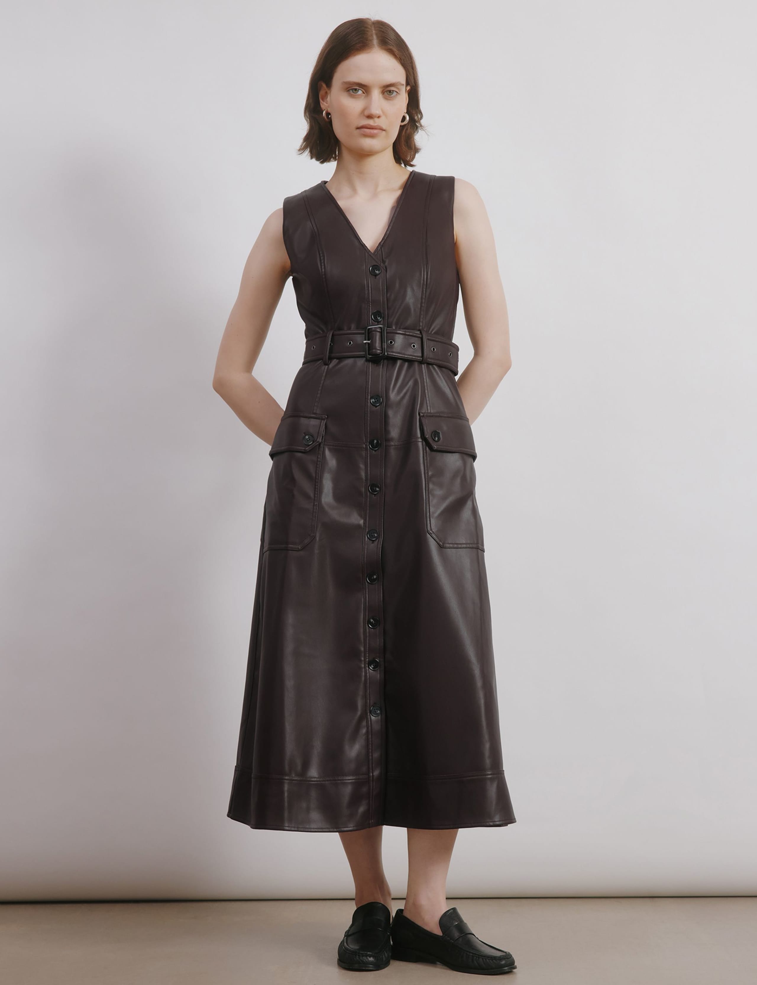 Faux Leather V-Neck Belted Midi Waisted Dress 3 of 5