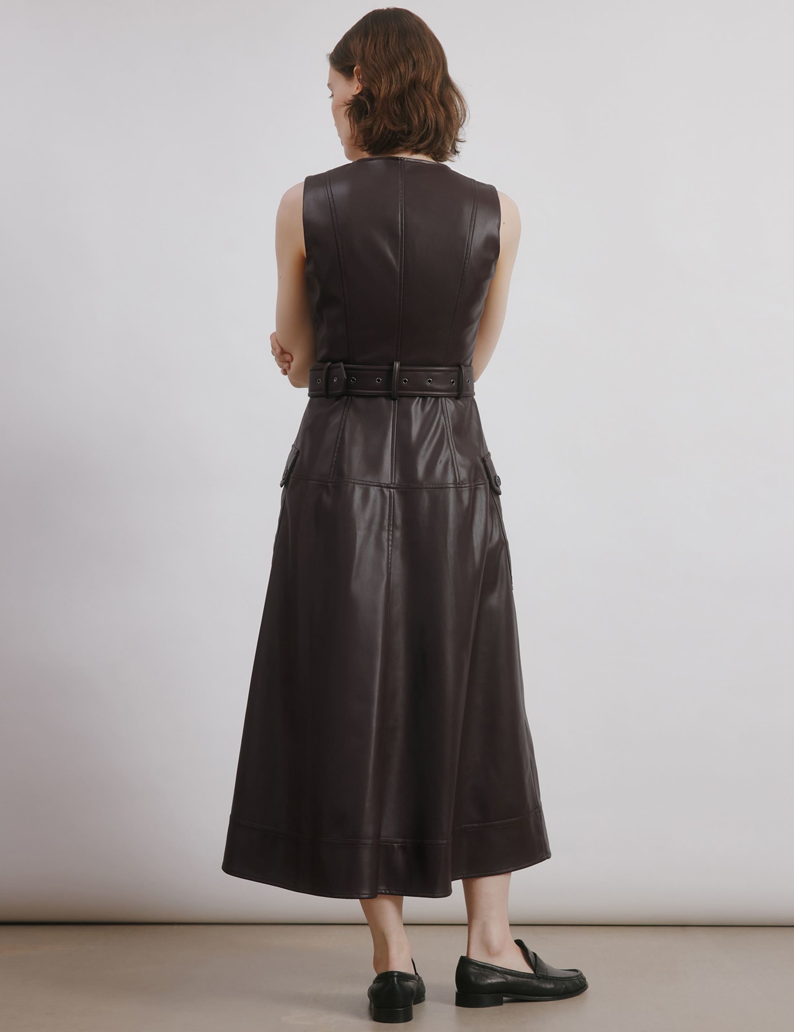 Faux Leather V-Neck Belted Midi Waisted Dress 4 of 5