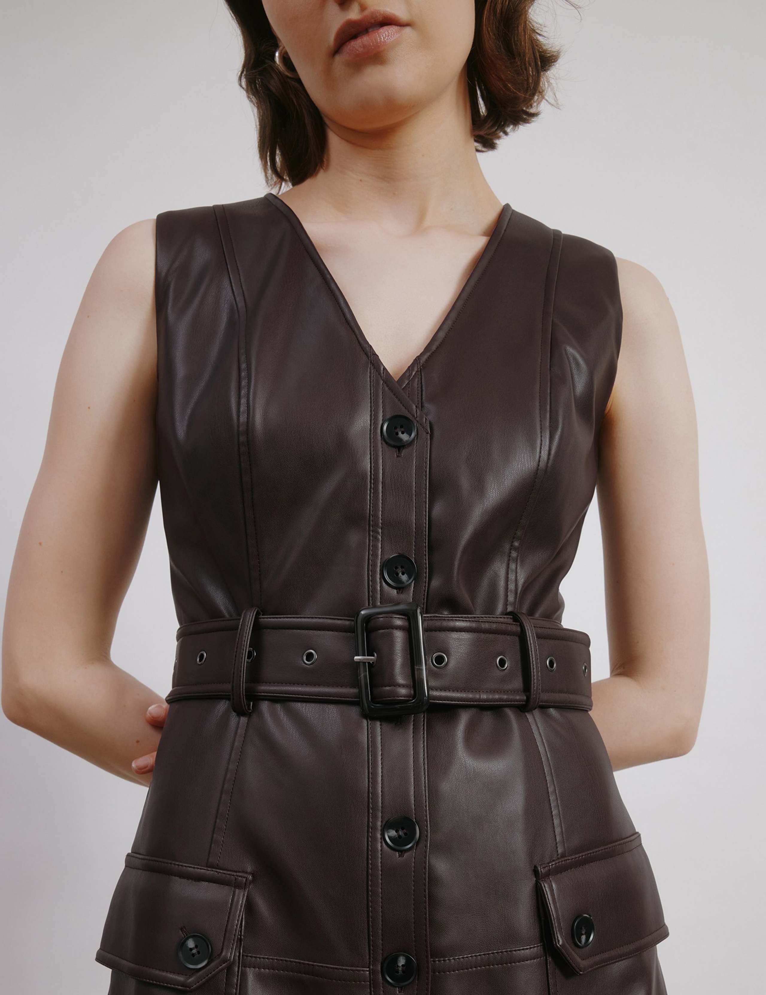 Faux Leather V-Neck Belted Midi Waisted Dress 5 of 5