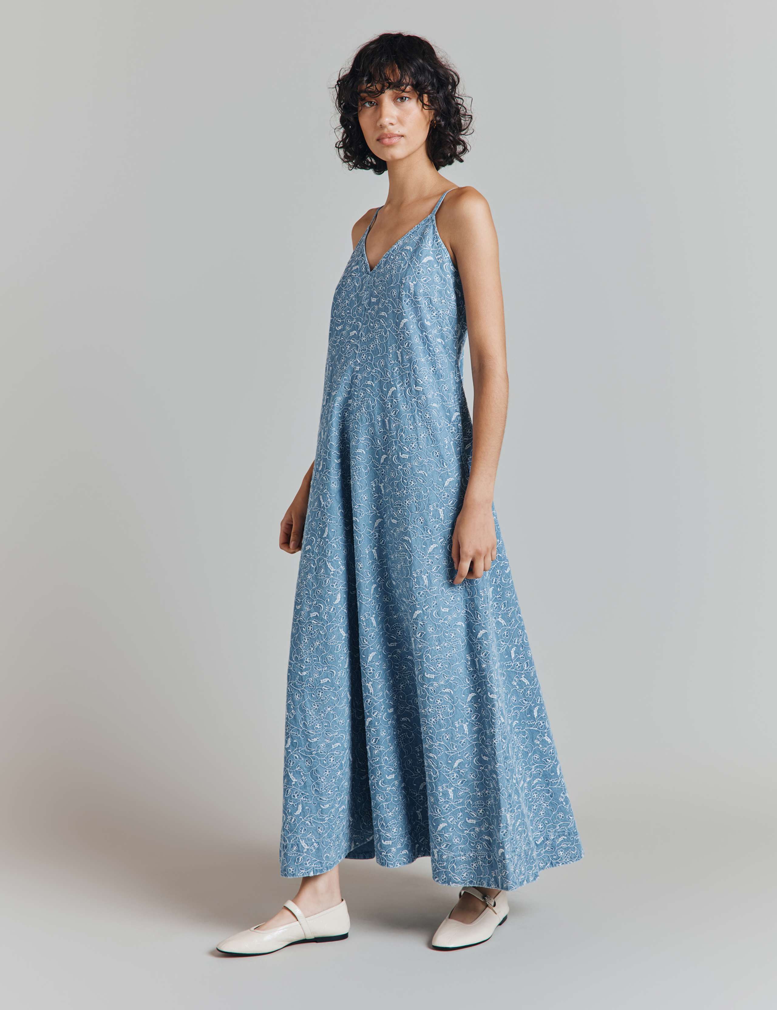 Pure Cotton Denim Embroidered Midi Slip Dress 2 of 4