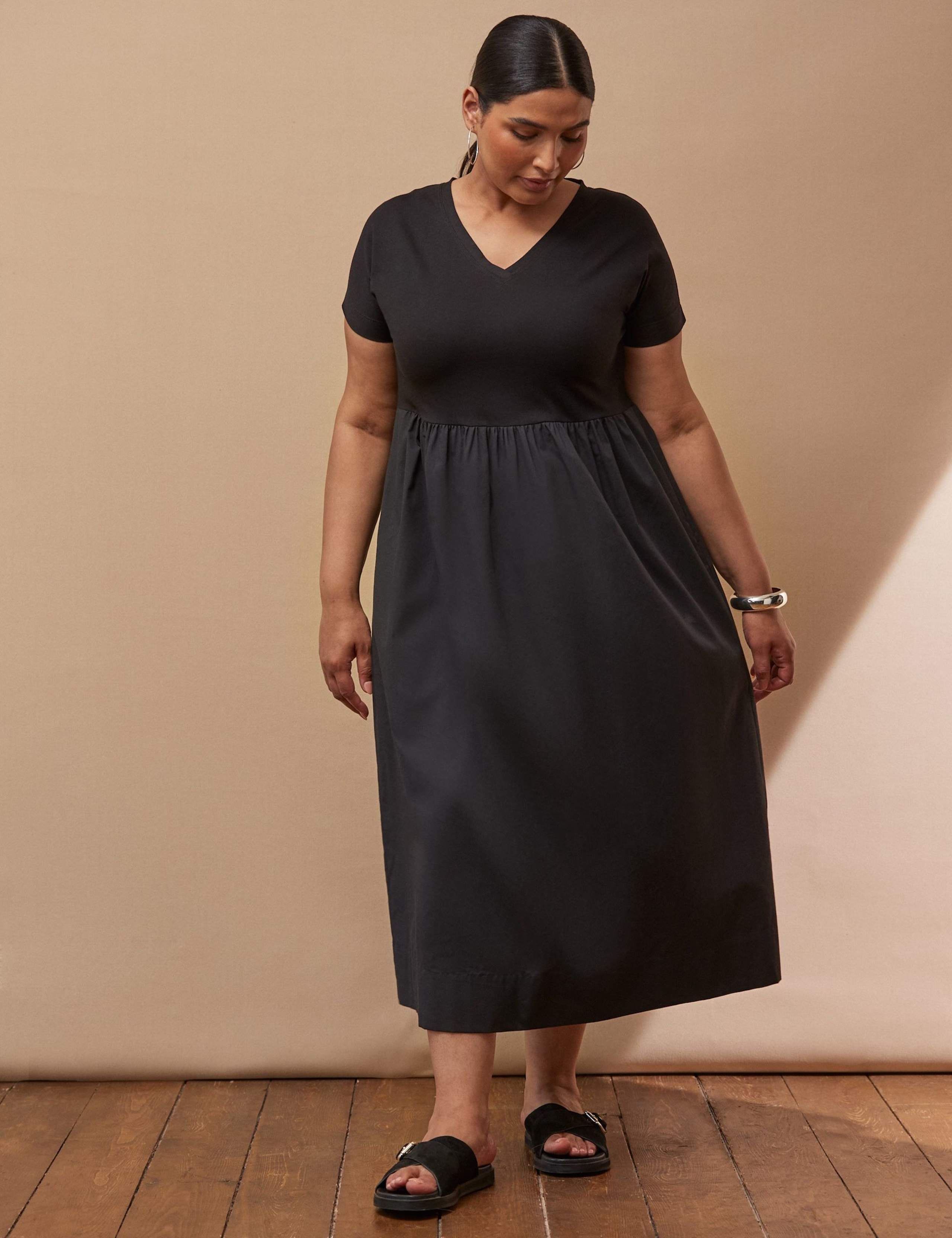 Cotton Blend V-Neck Midaxi T-Shirt Dress 2 of 5