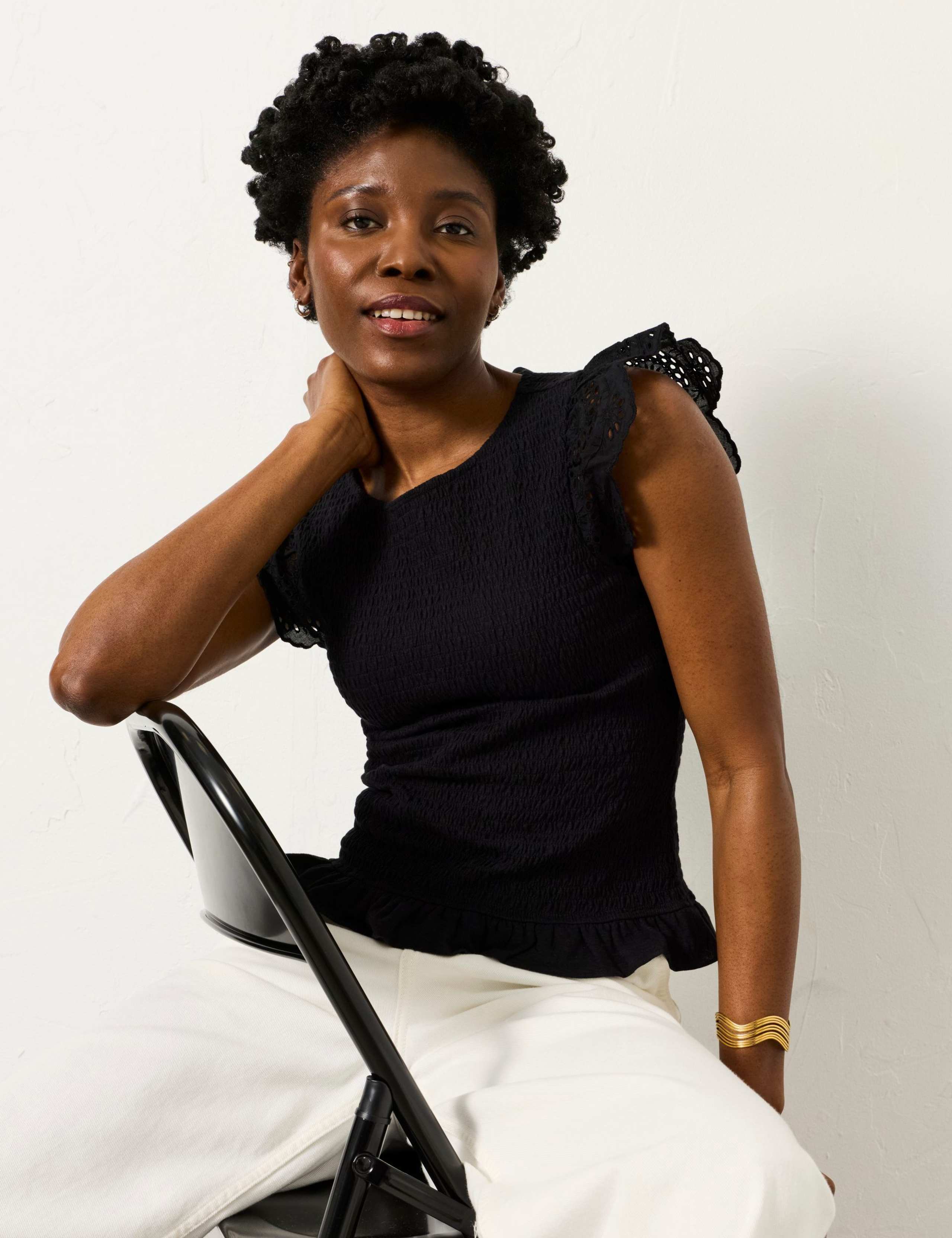 Pure Cotton Broderie Sleeve Shirred Top 5 of 6