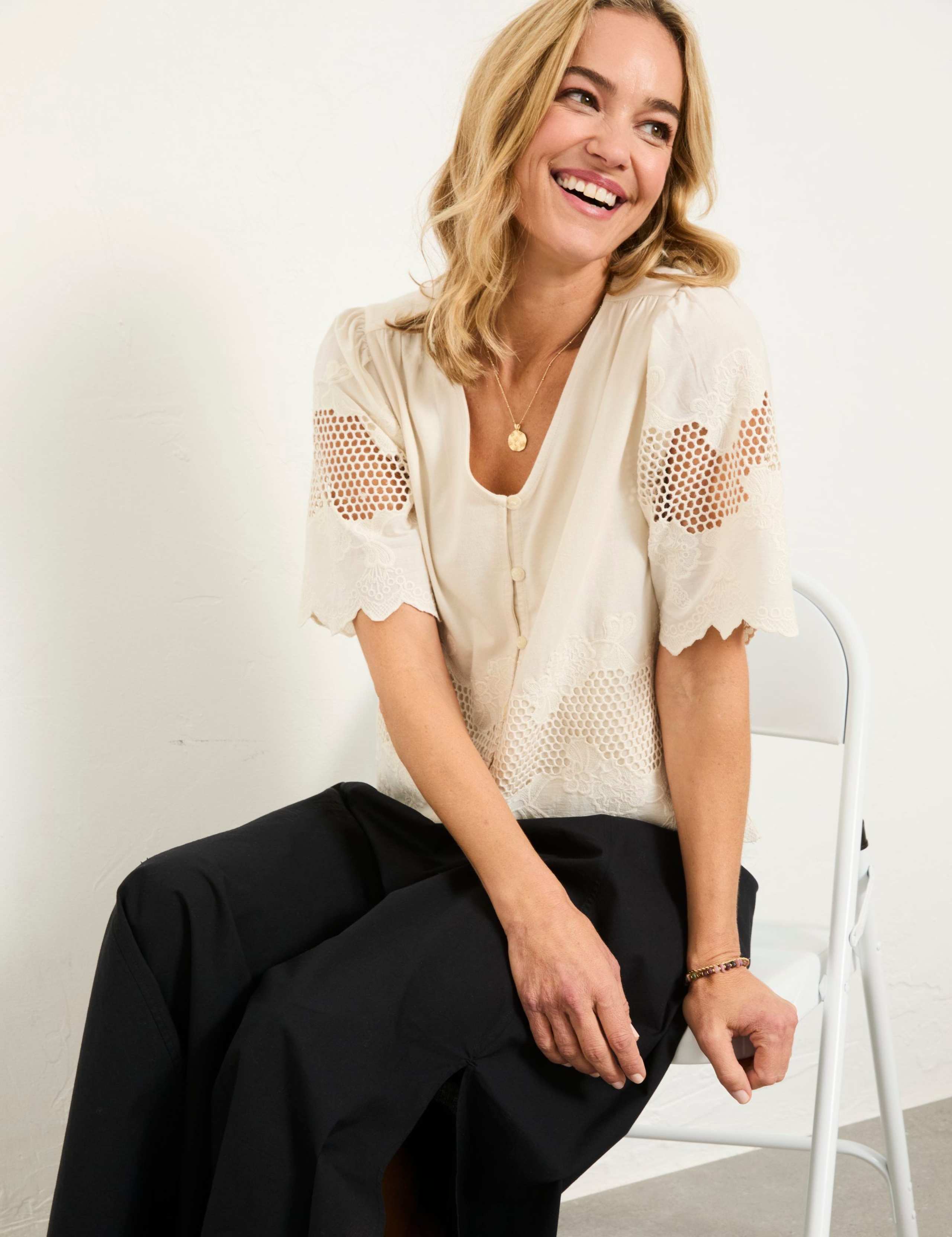 Pure Cotton Broderie Embroidered V-Neck Blouse 4 of 5