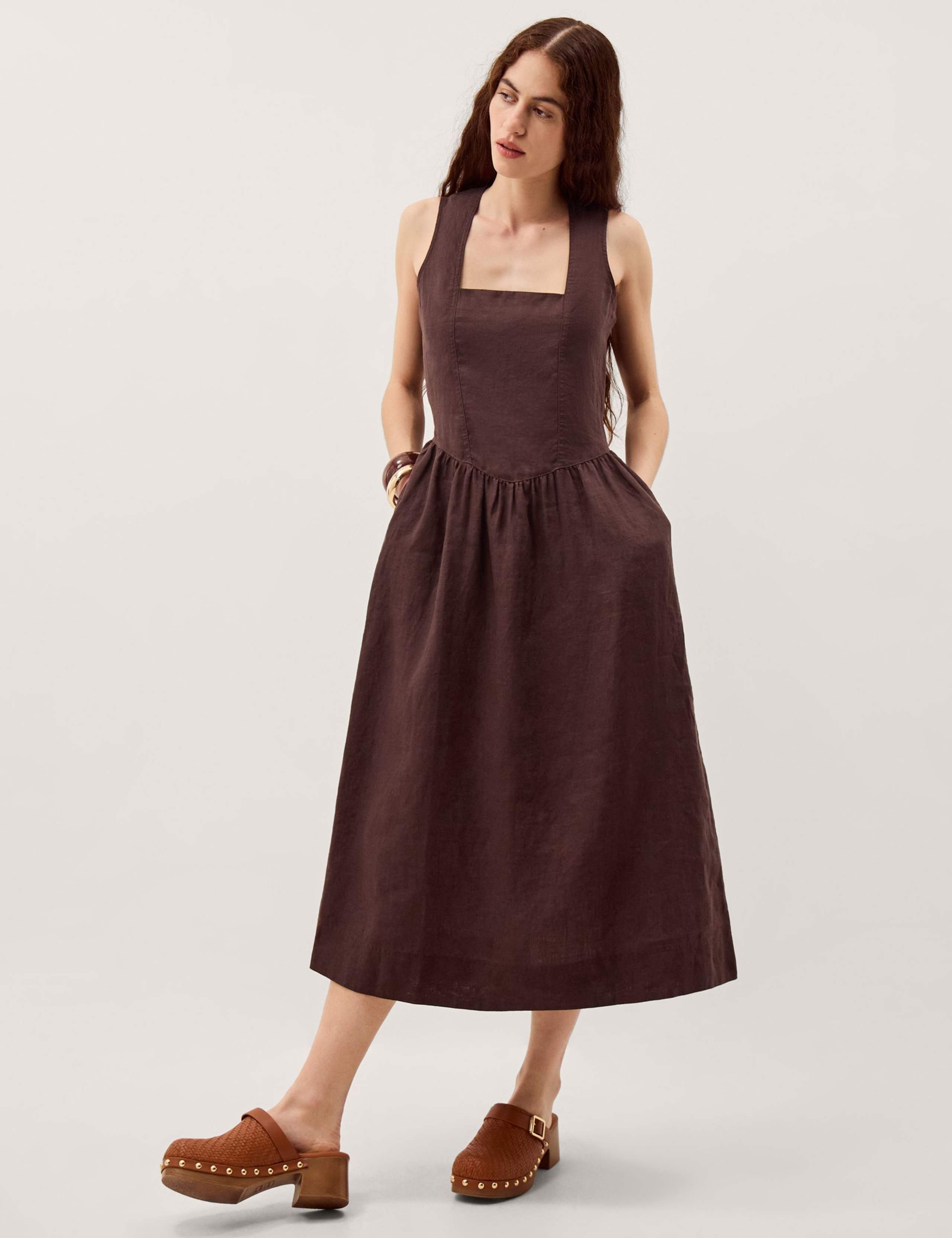 Pure Linen Square Neck Midi Waisted Dress 1 of 5