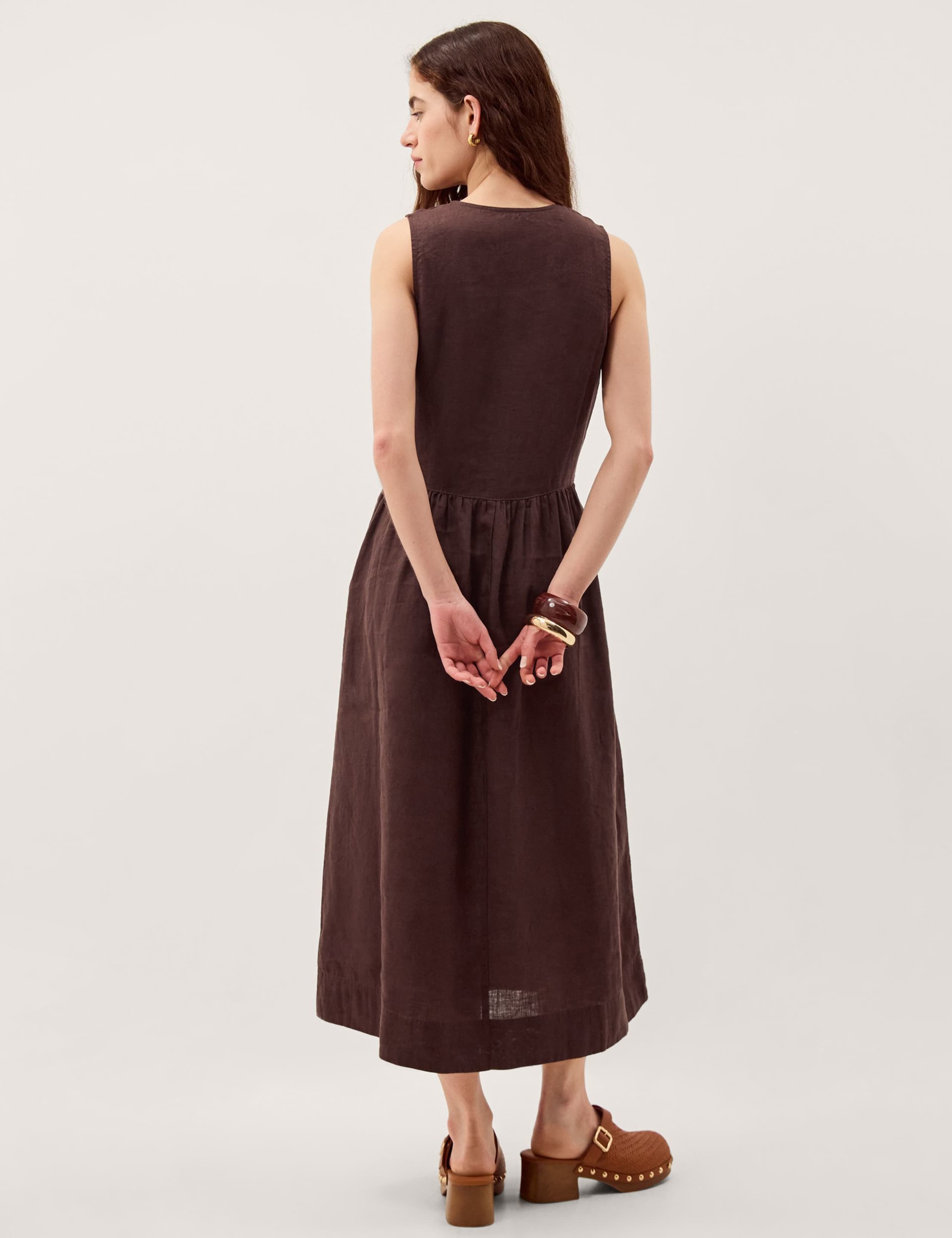 Pure Linen Square Neck Midi Waisted Dress 2 of 5