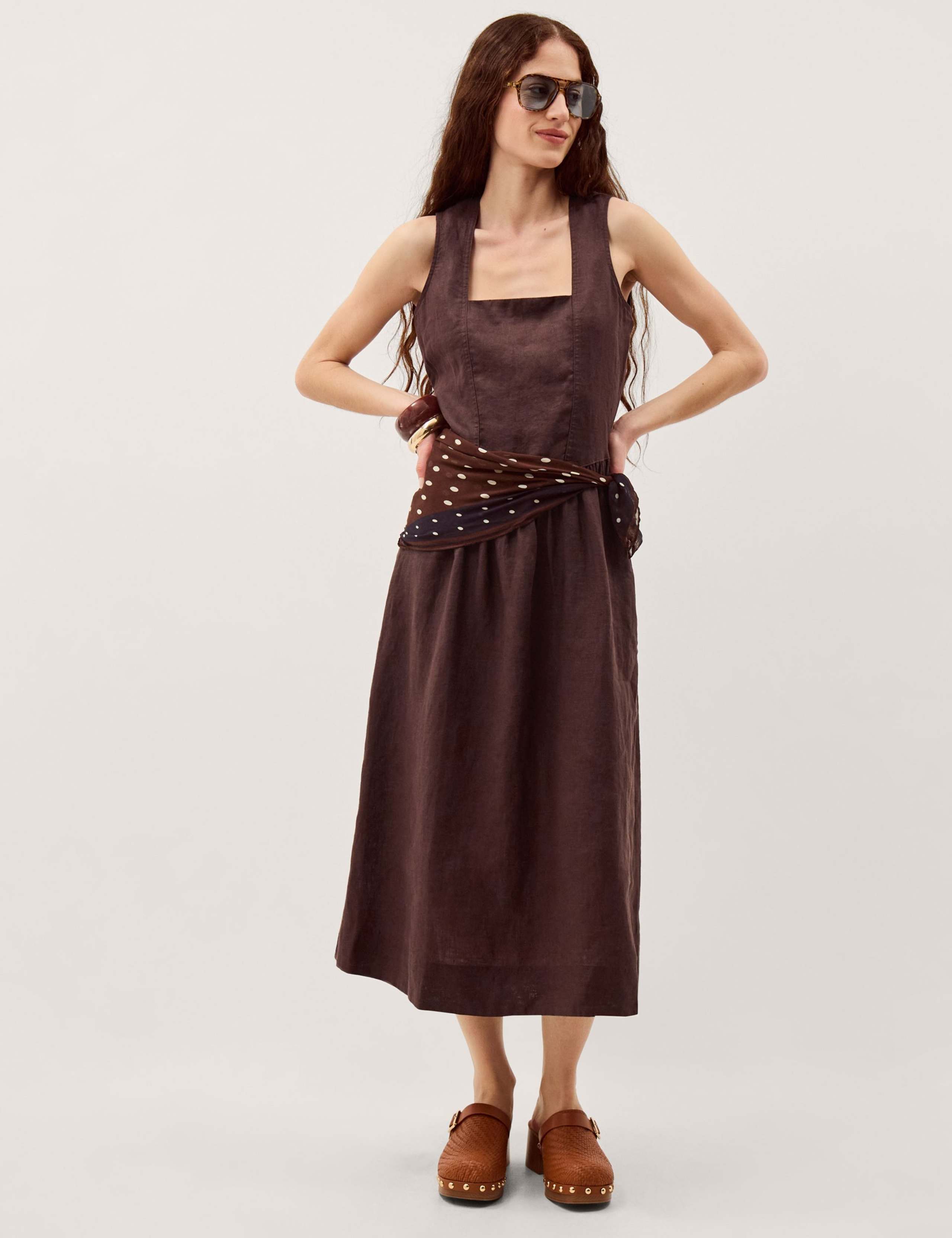 Pure Linen Square Neck Midi Waisted Dress 3 of 5