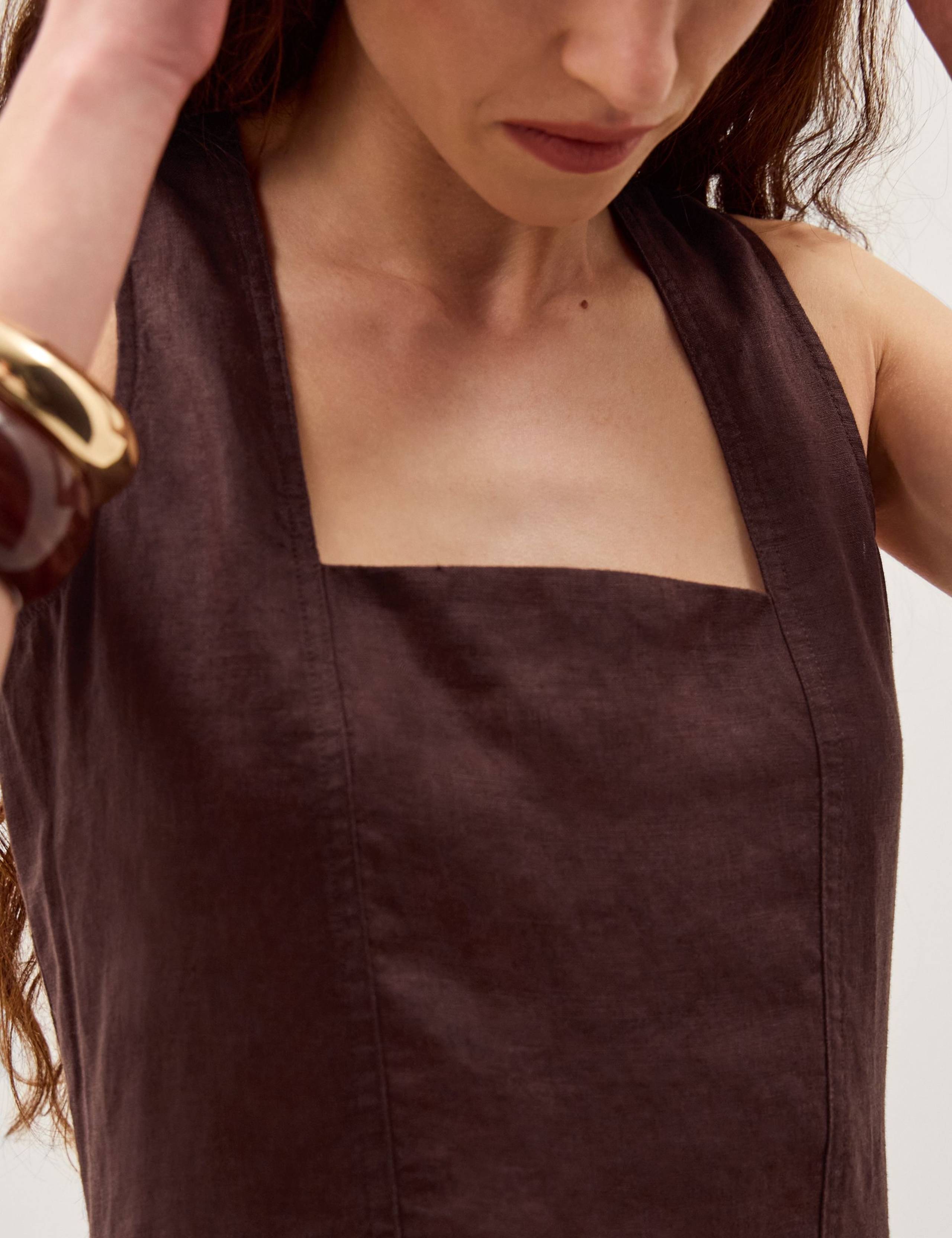 Pure Linen Square Neck Midi Waisted Dress 5 of 5