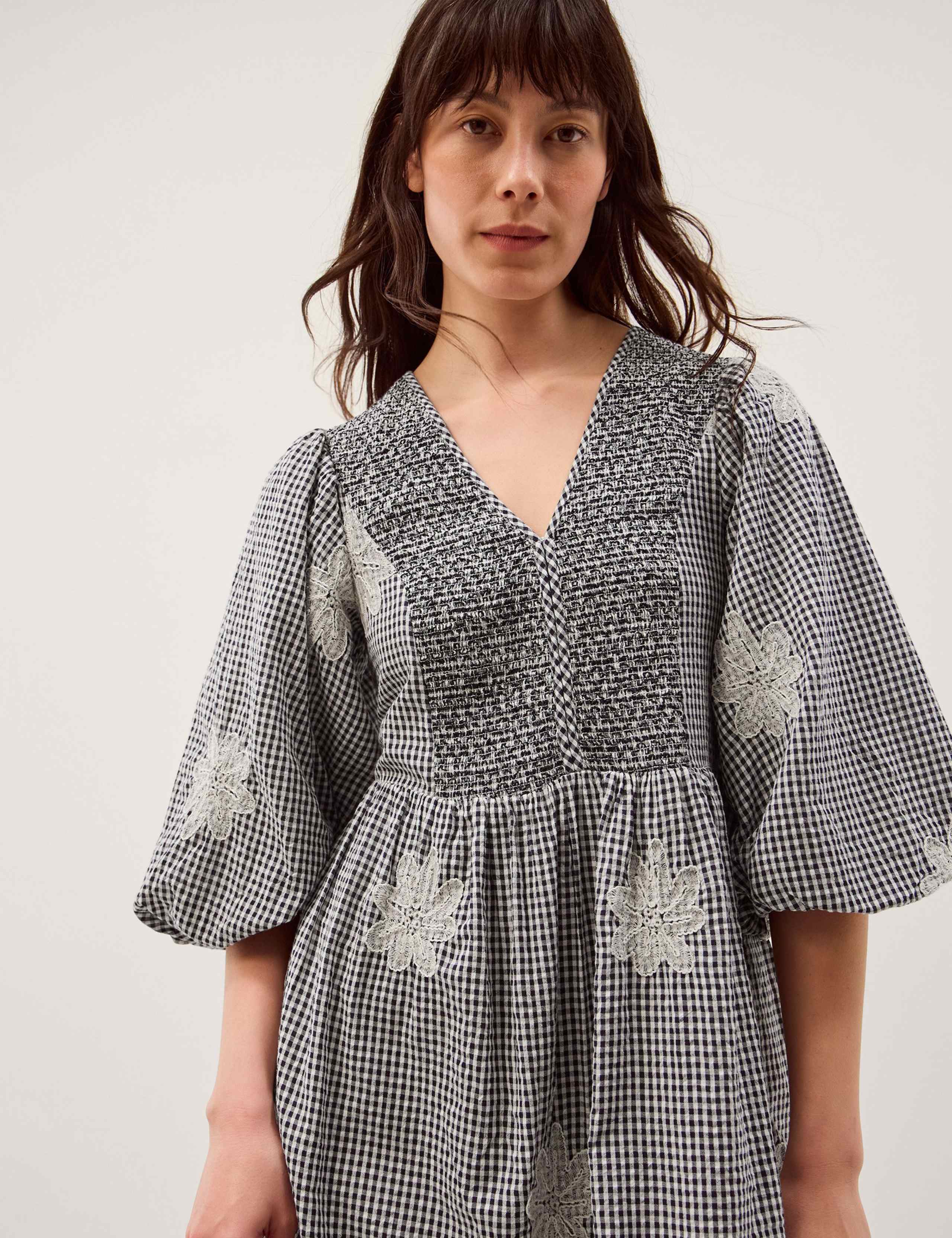 Pure Cotton Gingham V-Neck Midi Smock Dress 4 of 5